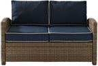 Crosley Furniture Bradenton Wicker Outdoor Loveseat, 2-Person Patio Couch For Porch, Deck, Backyard, Brown With Navy Cushions