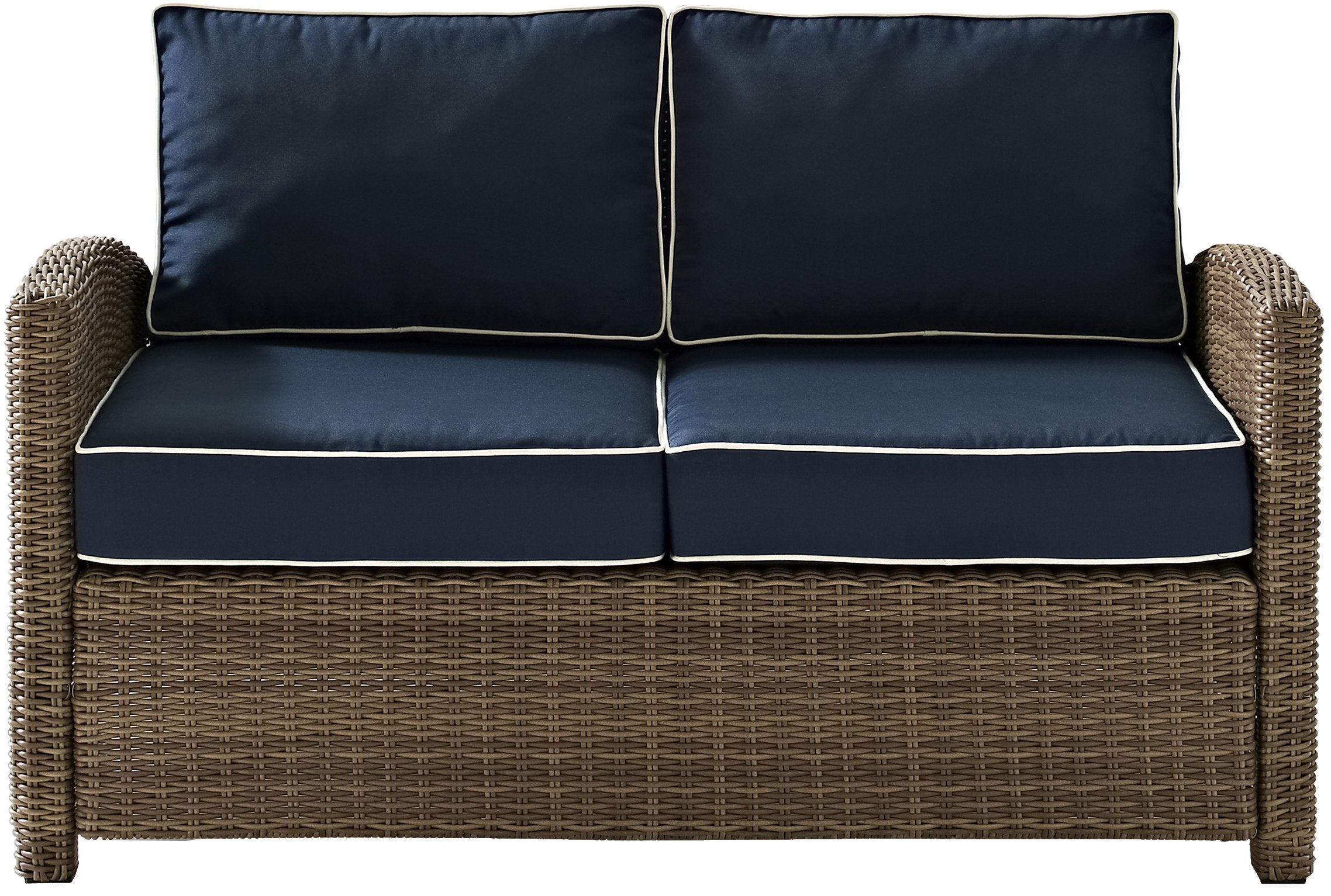 Crosley Furniture Bradenton Wicker Outdoor Loveseat, 2-Person Patio Couch For Porch, Deck, Backyard, Brown With Navy Cushions