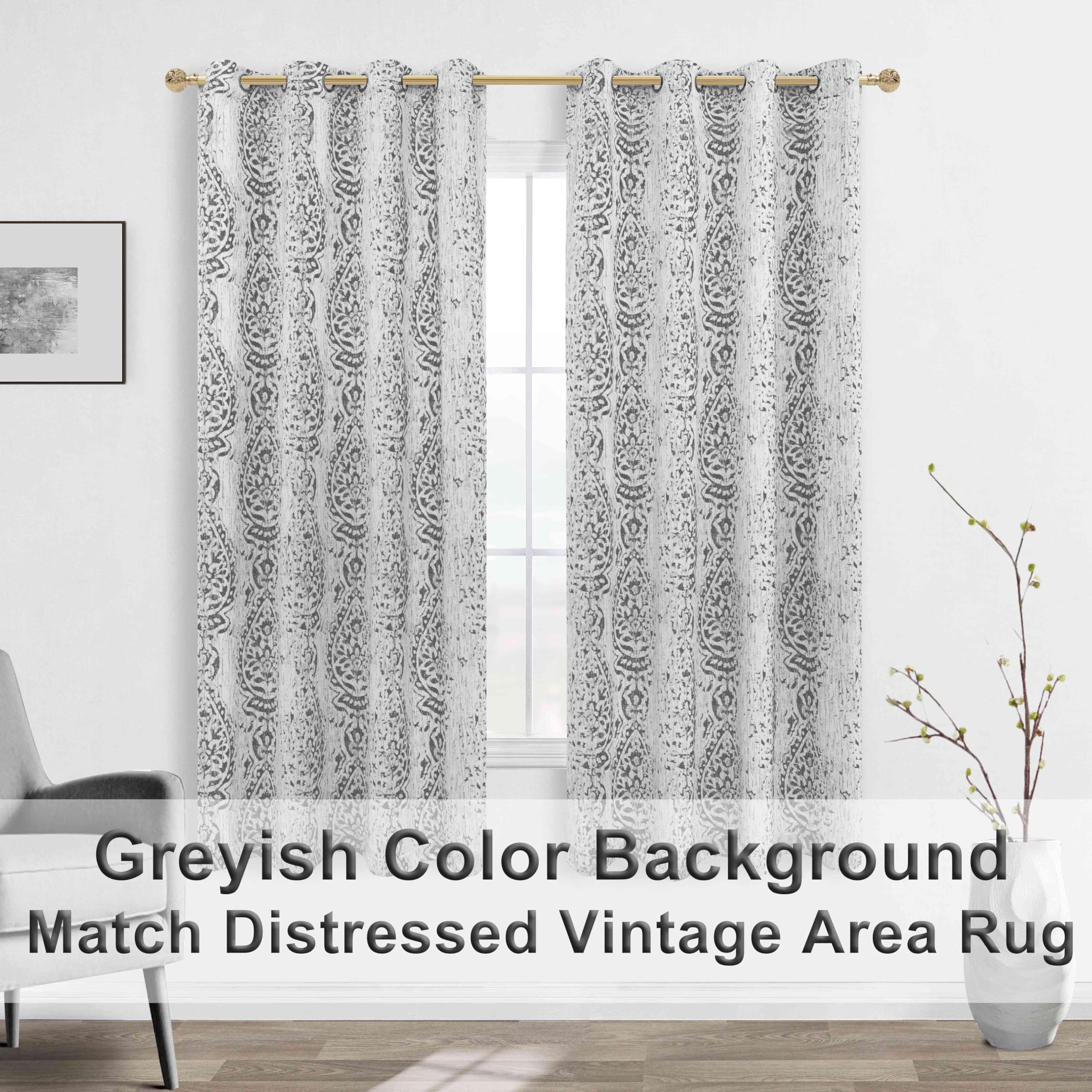 Mrs.Naturall Grey Pattern Curtains 63 Inch Length For Bedroom 2 Panels 50% Blackout Beautiful Paisley Textured Decorative Curtains For Living Room