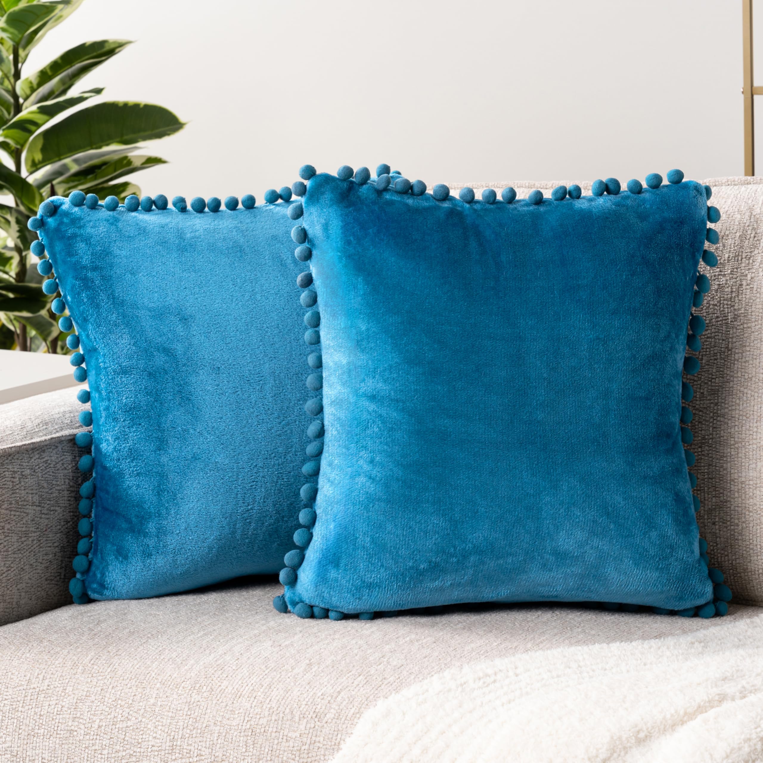 Pavilia Teal Blue Throw Pillow Covers With Pom Pom 18X18 Set Of 2, Decorative Pillow Cases For Bedroom Aesthetic, Small Throw Pi