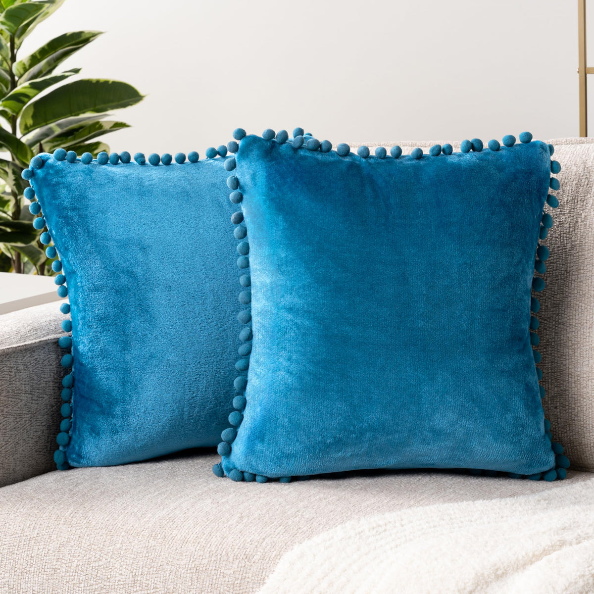 Pavilia Teal Blue Throw Pillow Covers With Pom Pom 20X20 Set Of 2, Decorative Pillow Cases For Bedroom Aesthetic, Small Throw Pi