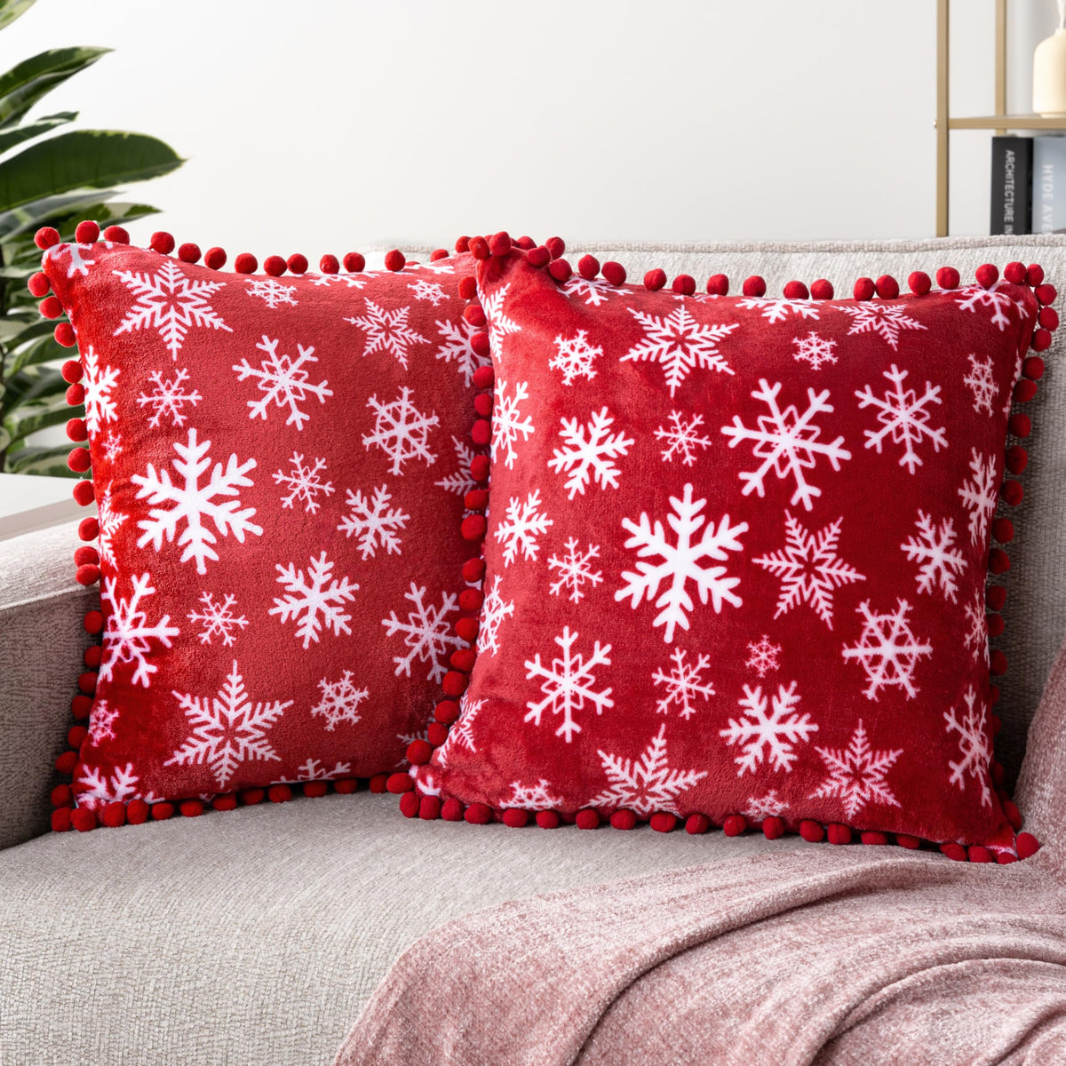 Pavilia Snowflake Red Throw Pillow Covers With Pom Pom 20X20 Set Of 2, Christmas Decorative Pillow Cases For Bedroom, Holiday Sm