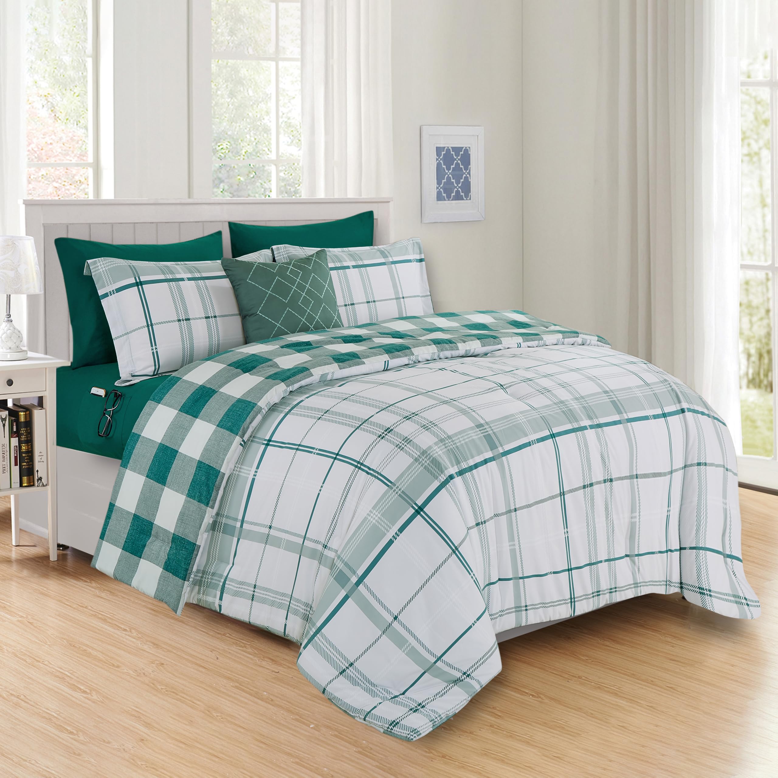 Elegant Comfort 8- Piece Lodge Plaid Reversible Comforter Set Bed-In-A-Bag Set - Silky Soft Complete Set Includes Bed Sheet Set With Double Sided Storage Pockets, Full/Queen, Sage