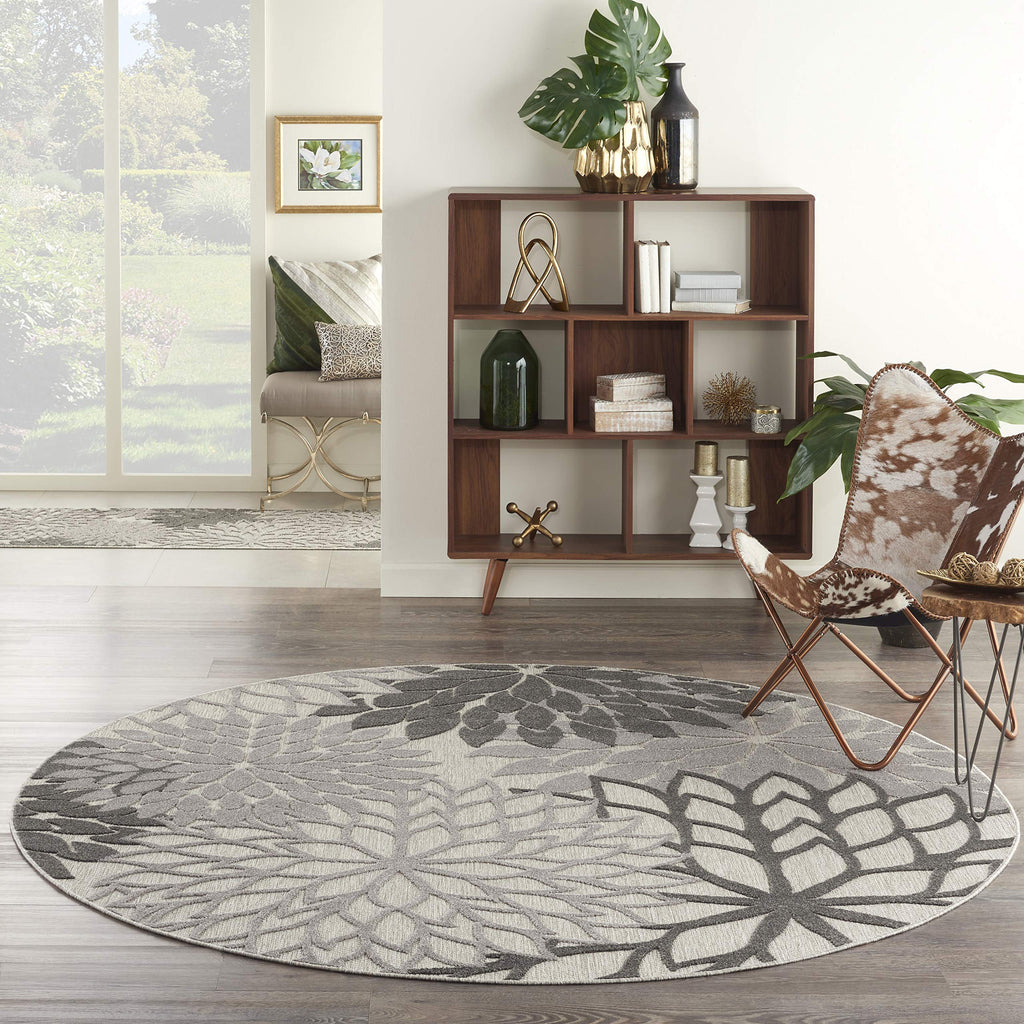 Nourison Aloha Indoor/Outdoor Floral Silver Grey 7'10' X Round Area Rug, (8' Round)