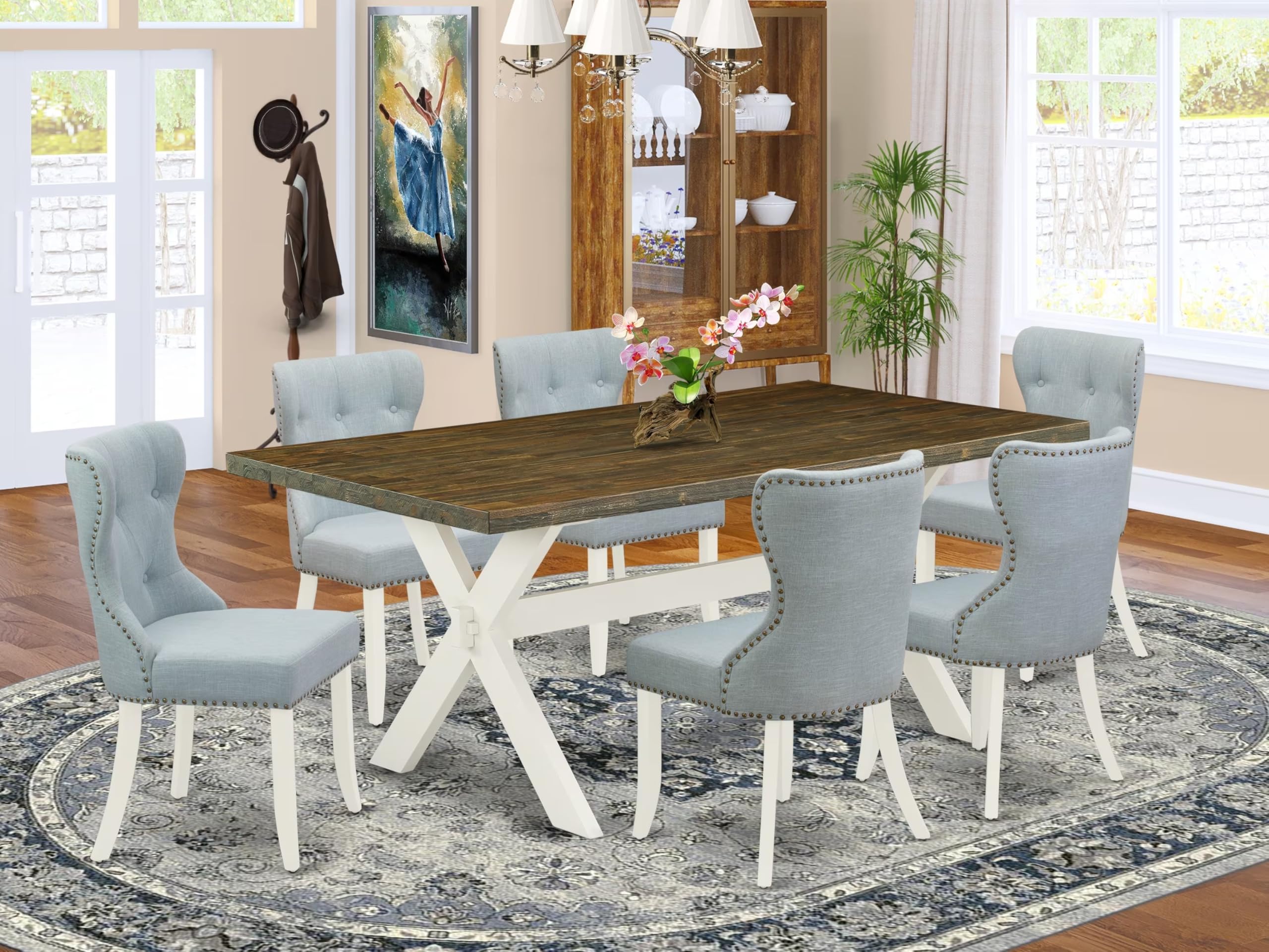 East West Furniture X077Si215-7 7 Piece Dining Table Set Consist Of A Rectangle Dining Room Table With X-Legs And 6 Baby Blue Linen Fabric Upholstered Chairs, 40X72 Inch, Multi-Color