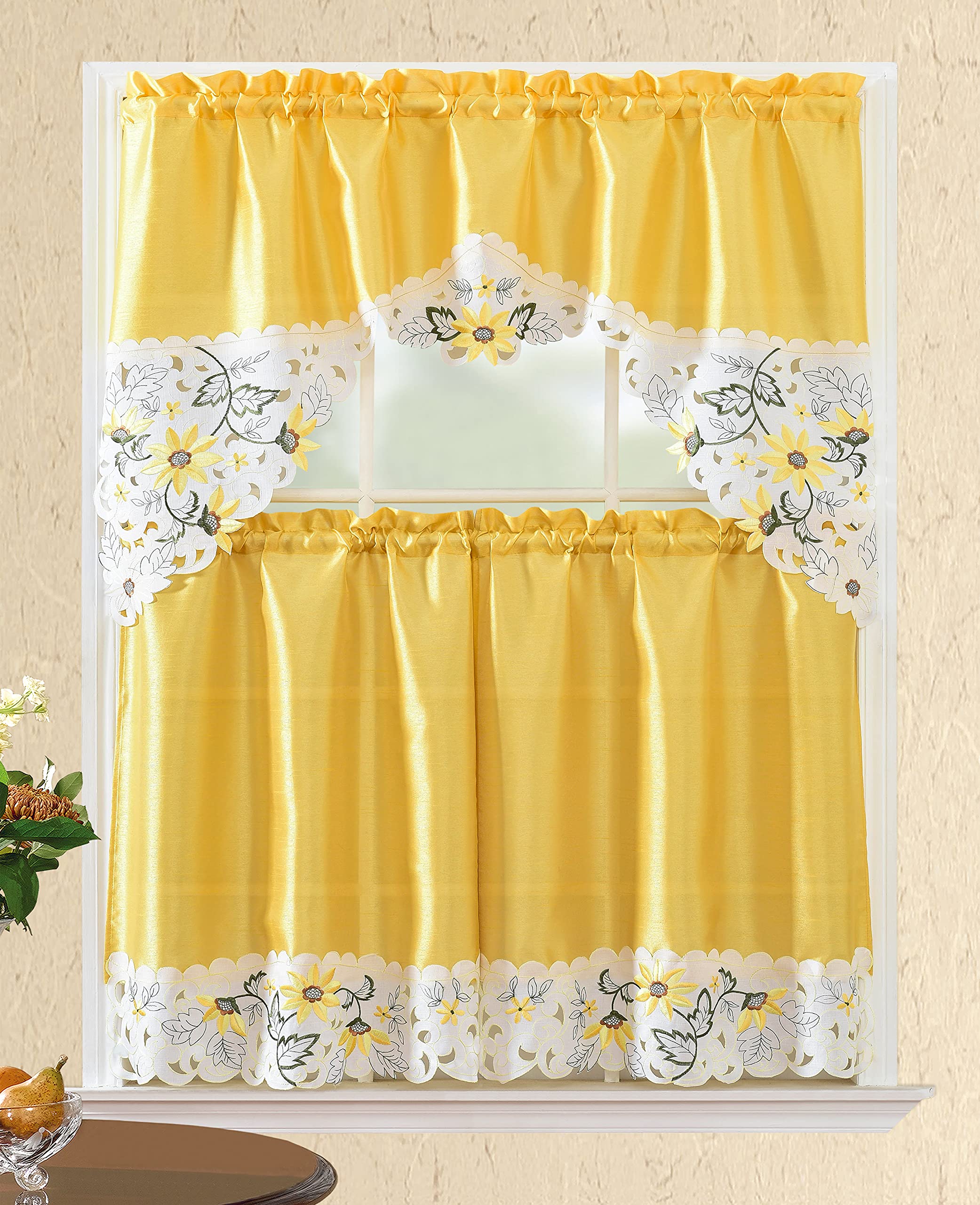 All American Collection Modern Contemporary 3pc Embroidered Home Kitchen Window Treatment Curtain Set (Swag Valance, Yellow Flow