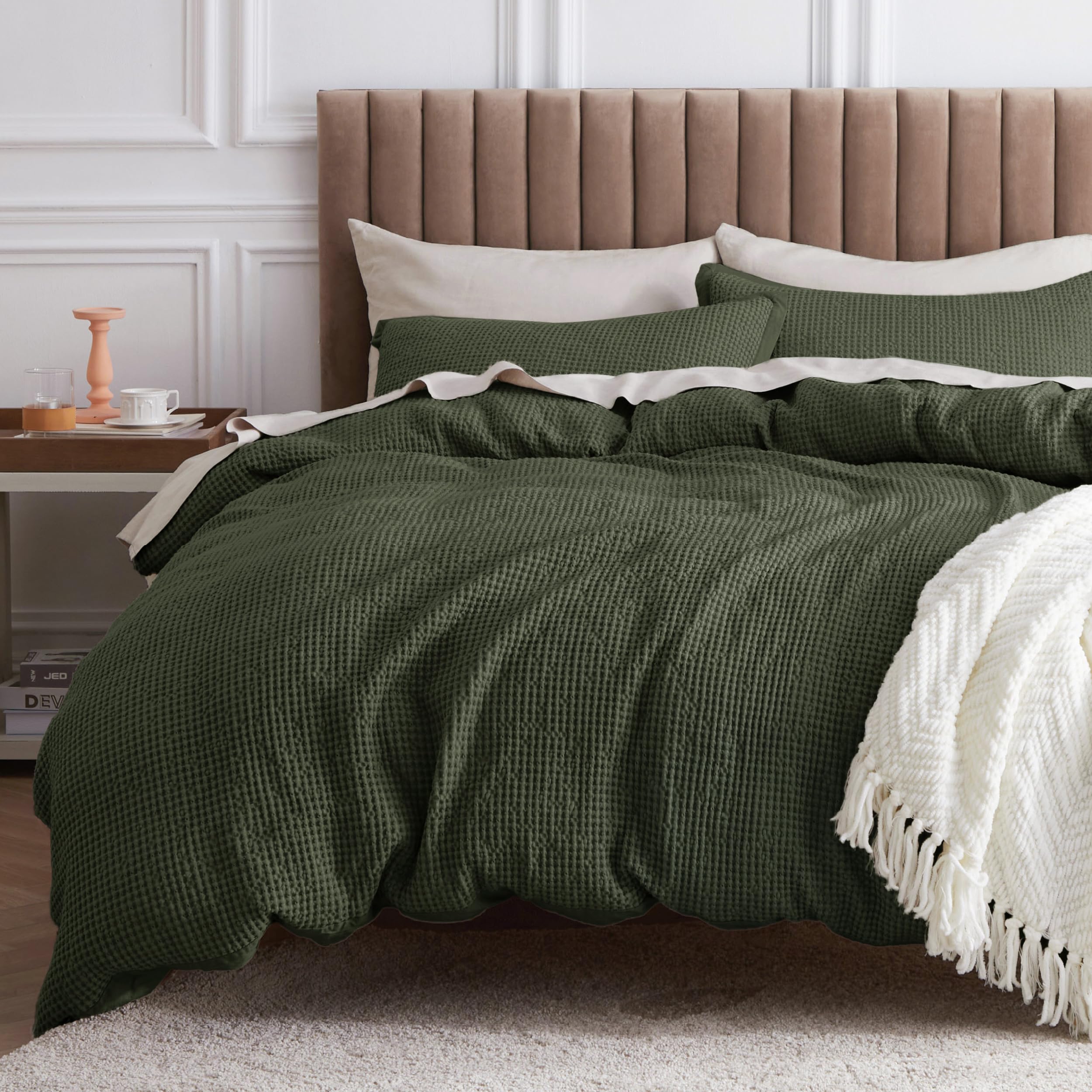 Bedsure Cotton Duvet Cover Set - 100% Cotton Waffle Weave Olive Green Duvet Cover California King Size, Soft And Breathable Cal