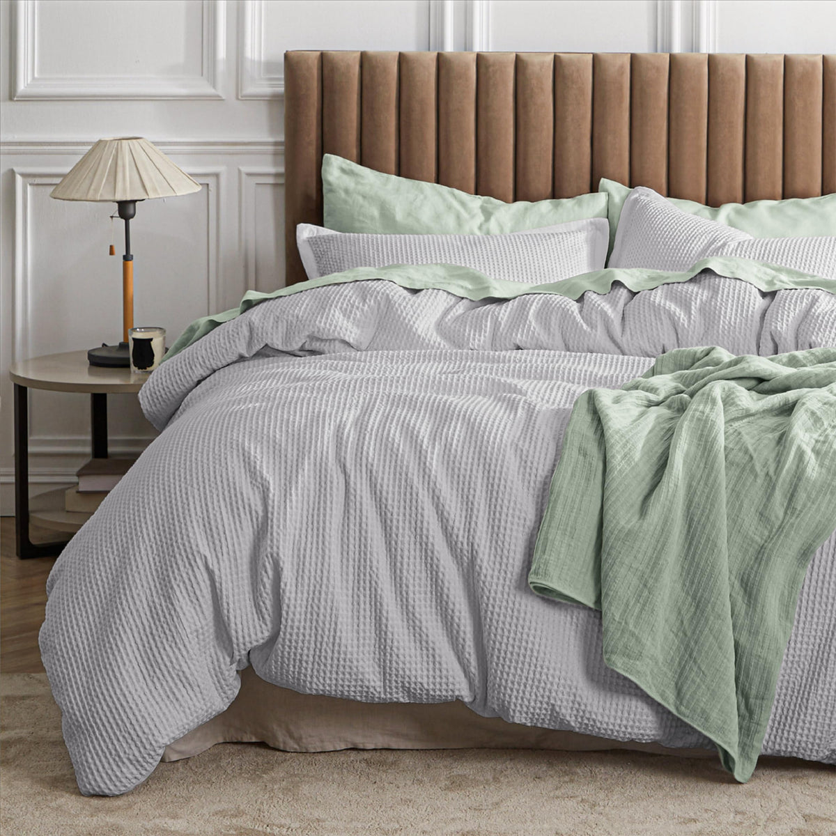 Bedsure Waffle Comforter Set King, Grey Soft Cotton Bedding Set For All Seasons, Waffle Weave Bed Set, 3 Pieces, 1 Comforter (104'X90') And 2 Pillow Shams, Premium Cotton Cover With Polyester Fill