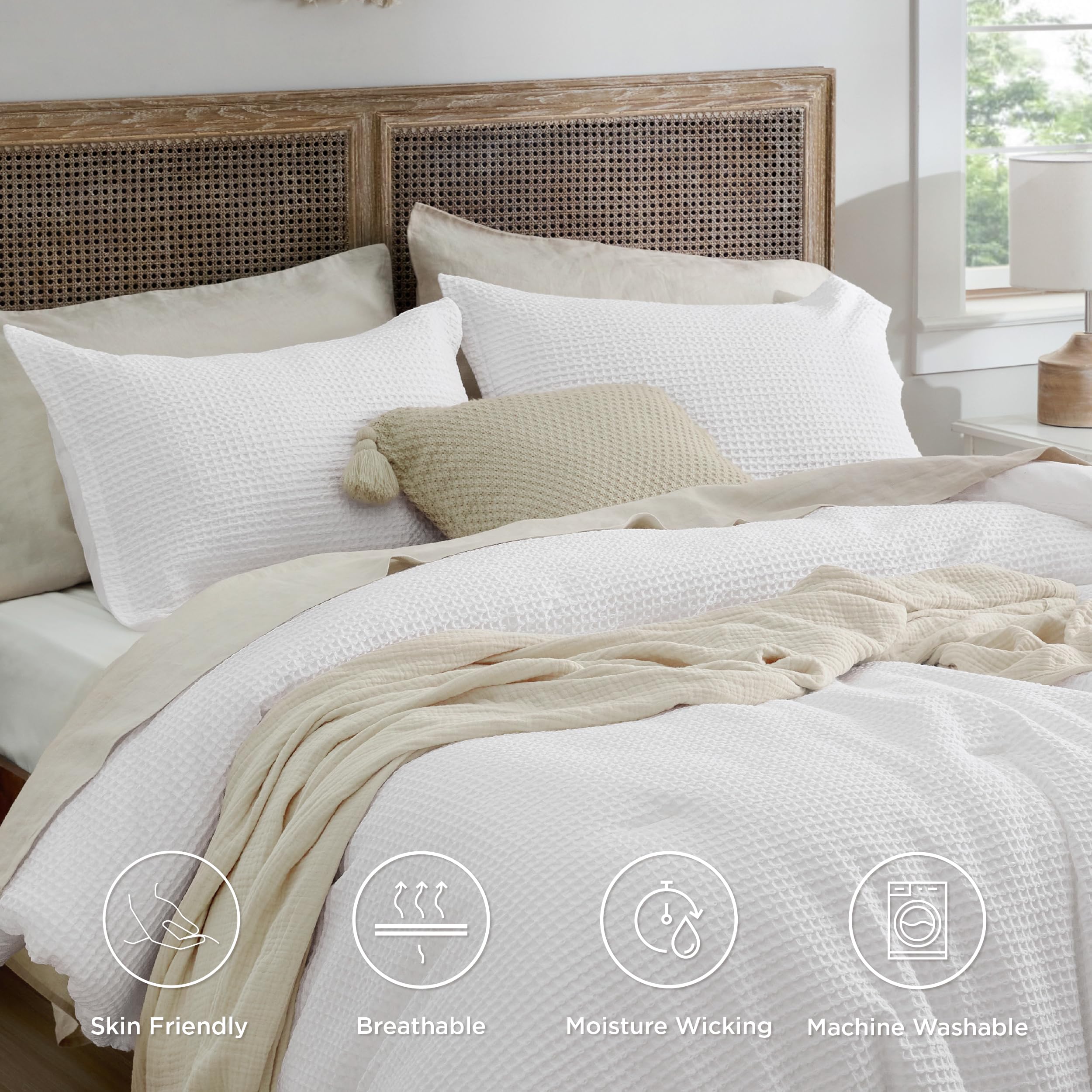 Bedsure Waffle Comforter Set Queen, White Soft Cotton Bedding, Waffle Weave Bed Set, 3 Pieces, 1 Comforter (90'X90') And 2 Pillow Shams, Premium Cotton Cover With Polyester Fill For All Seasons
