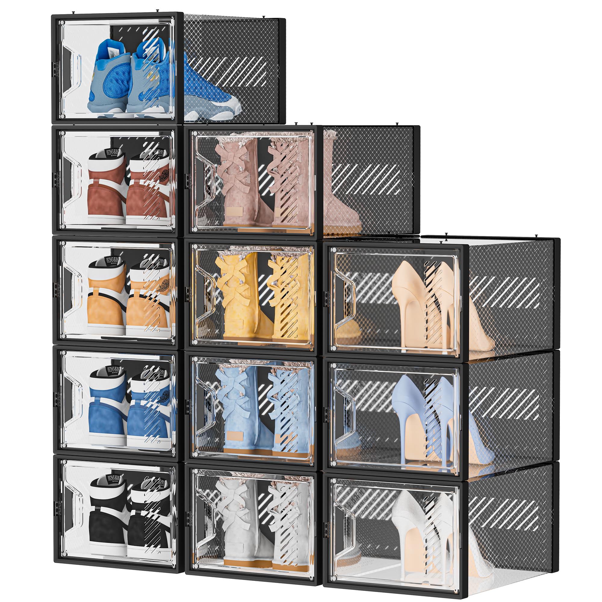 Simpdiy Shoe Storage, 12 Pack X-Large Shoe Organizer For Closet, Shoe Boxes Clear Plastic Stackable Shoe Storage Boxes For Size