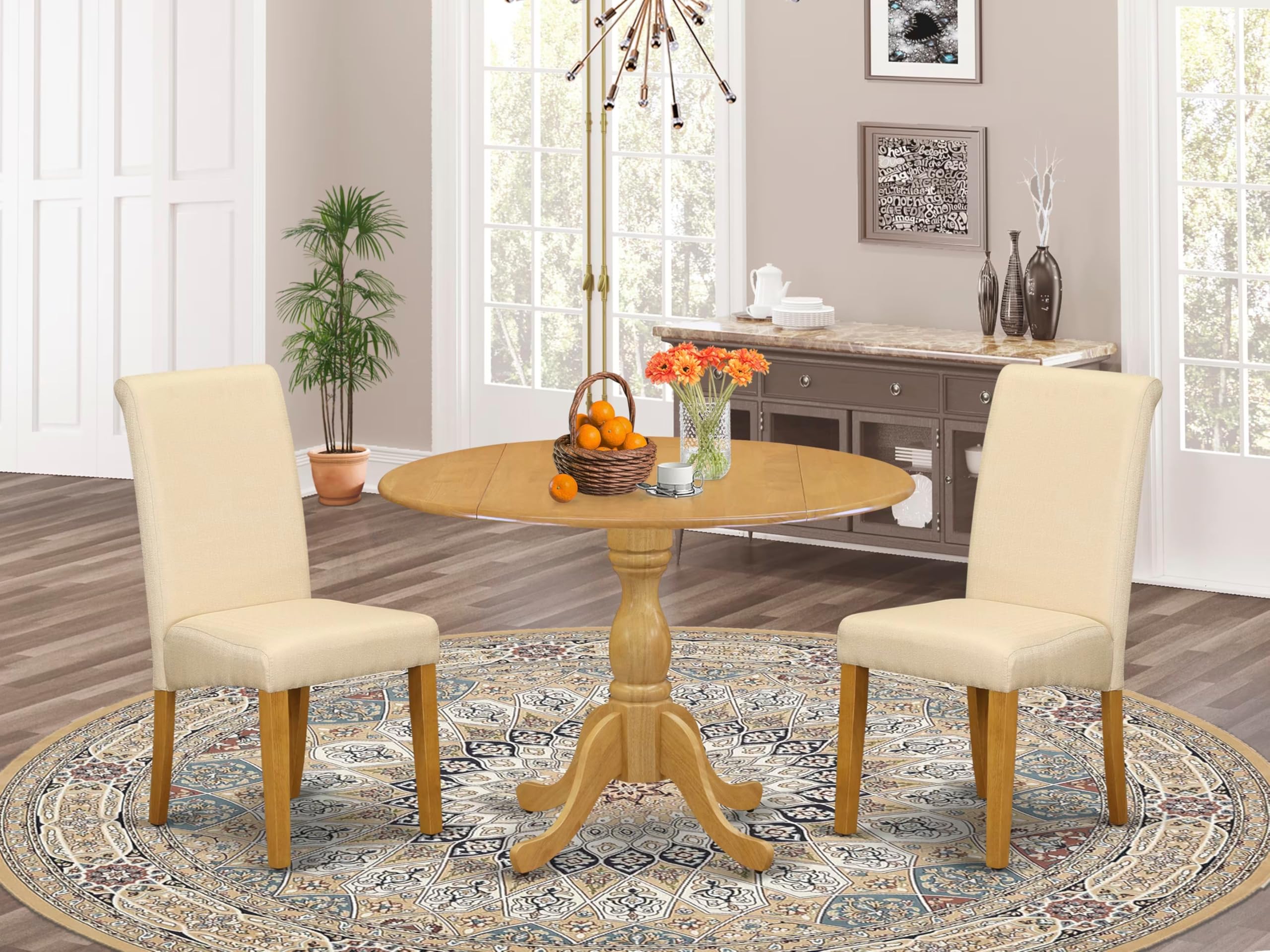 East West Furniture DMBA3-OAK-02 3 Piece Dining Room Table Set Contains a Round Kitchen Table with Dropleaf and 2 Light Beige Linen Fabric Parson Dining Chairs, 42x42 Inch, Oak