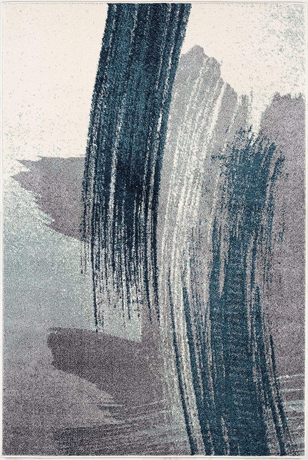 HomeRoots White Blue 100% Twisted Polyester 4â€ x 6â€ White and Blue Abstract Strokes Area Rug