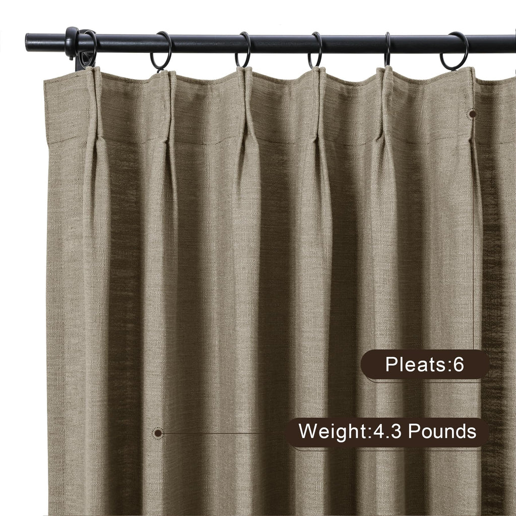 Twopages Extra Long Linen Pinch Pleated Drape For Living Room, Double Layer Lined Light Filtering Curtain Room Darkening Window