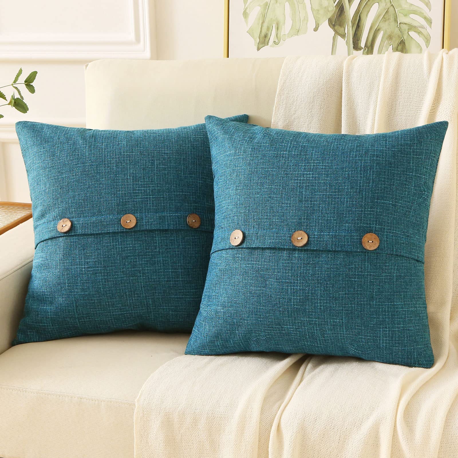 Haussy Teal Linen Decorative Throw Pillow Covers 22X22 Inch Set Of 2,Square Cushion Case With 3 Vintage Buttons,Modern Farmhouse