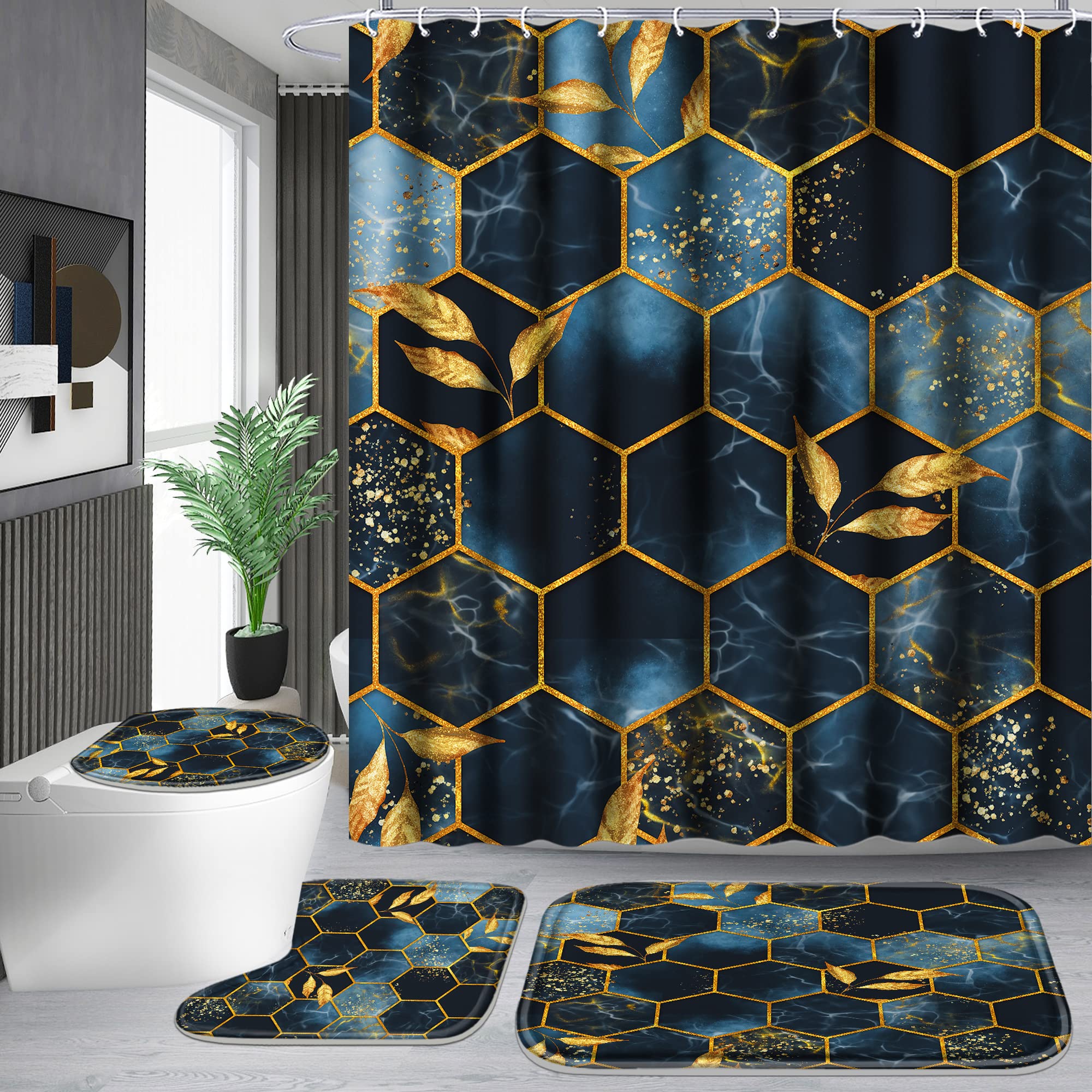 Poedist 4 Pcs Bathroom Shower Curtain Set,Bathroom Sets with Rugs(Bath Mat,U Shape and Toilet Lid Cover Mat) and 12 Hooks,Black 