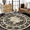 MUJOO Round Rugs 6ft,Black Circle Area Rug Washable,Boho Circular Rugs for Living Room Bedroom,Large Non Slip Throw Carpet Vinta