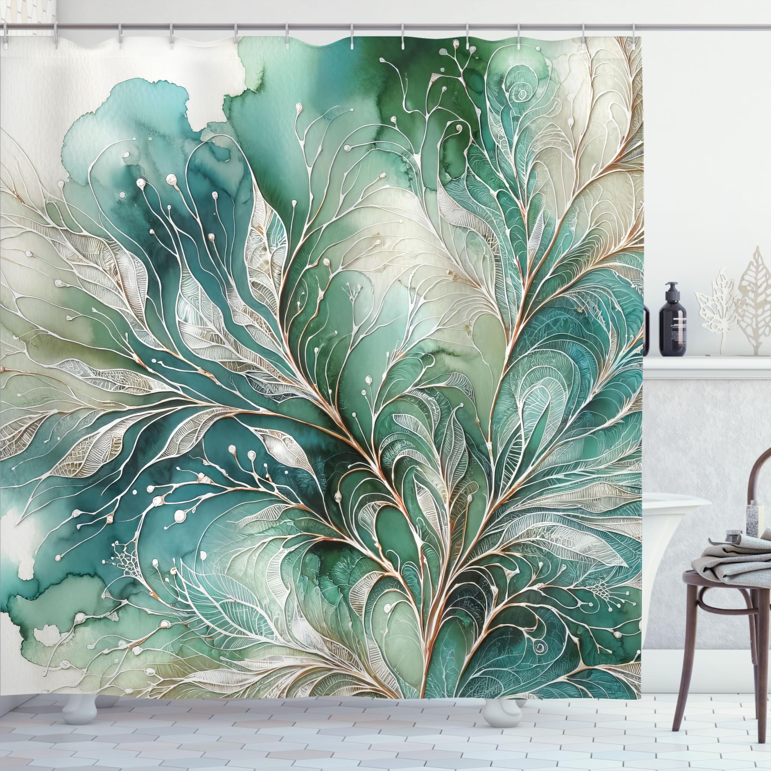 Ambesonne Teal Shower Curtain, Abstract Marble Print Design Of Greenery Clouds And Dreamy Leafy Peduncles, Cloth Fabric Bathroom
