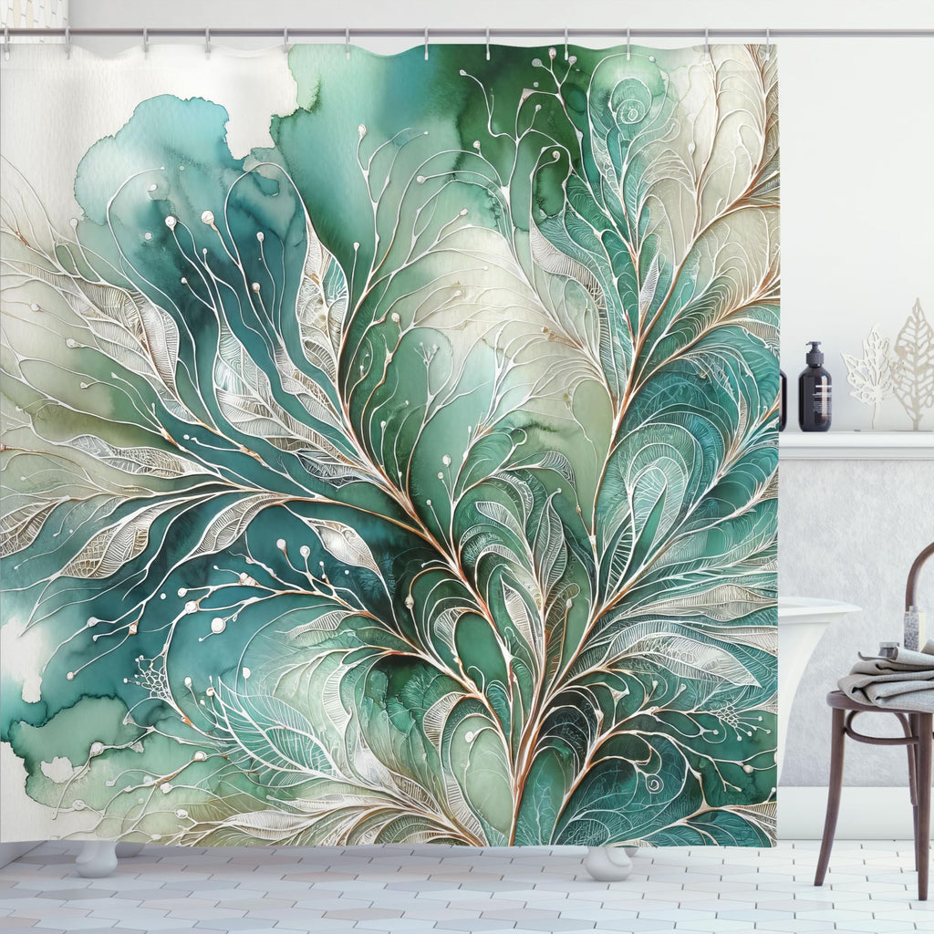 Ambesonne Teal Shower Curtain, Abstract Marble Print Design Of Greenery Clouds And Dreamy Leafy Peduncles, Cloth Fabric Bathroom