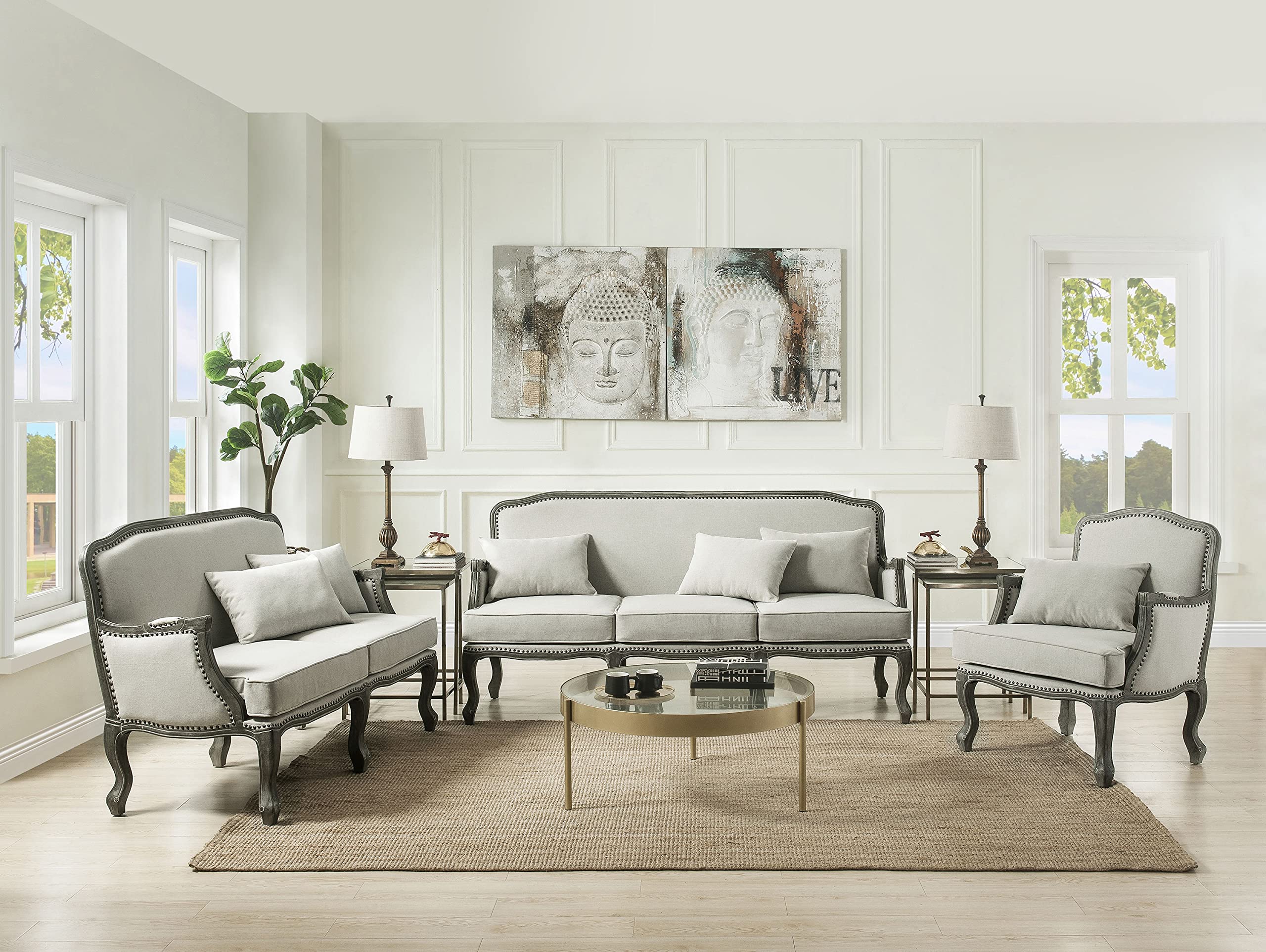 Acme Furniture Upholstered Loveseat with Nailhead Trim, Cream and Brown