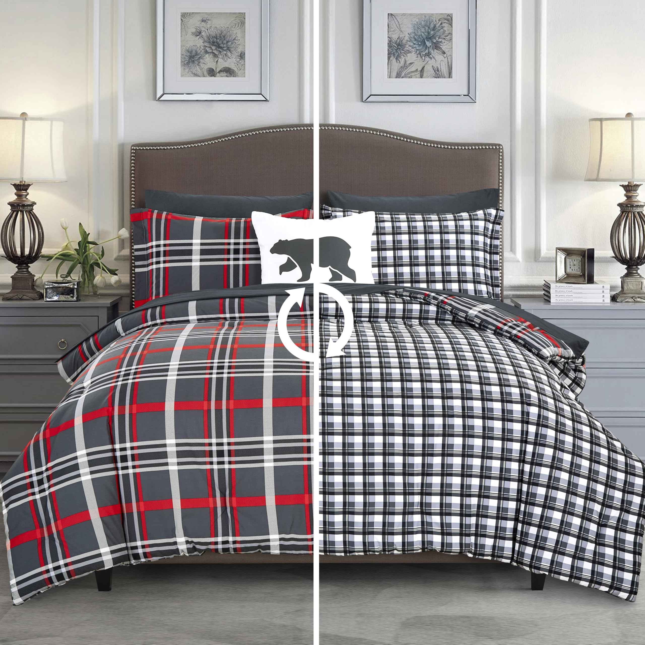 Elegant Comfort 8- Piece Lodge Plaid Reversible Comforter Set Bed-In-A-Bag Set - Silky Soft Complete Set Includes Bed Sheet Set With Double Sided Storage Pockets, Twin/Twin Xl, Gray