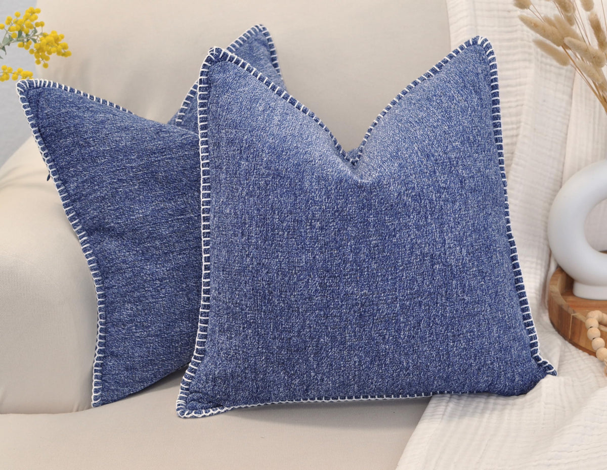 18X18 Pillow Covers Navy Blue Set Of 2, Decorative Pillow Covers Square, Textured Softcozy Chenille Cushion Covers With Trim Edg
