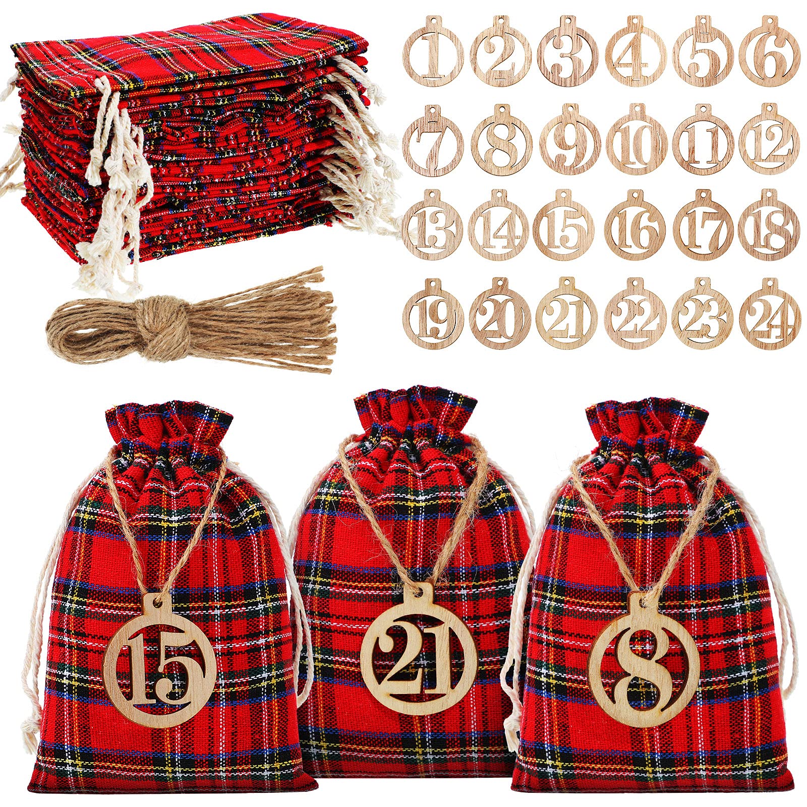 Christmas 24 Days Advent Calendar Xmas Countdown Wooden Numbers with 24 Pieces Buffalo Check Drawstring Christmas Bags for Party