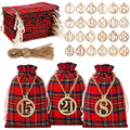 Christmas 24 Days Advent Calendar Xmas Countdown Wooden Numbers with 24 Pieces Buffalo Check Drawstring Christmas Bags for Party