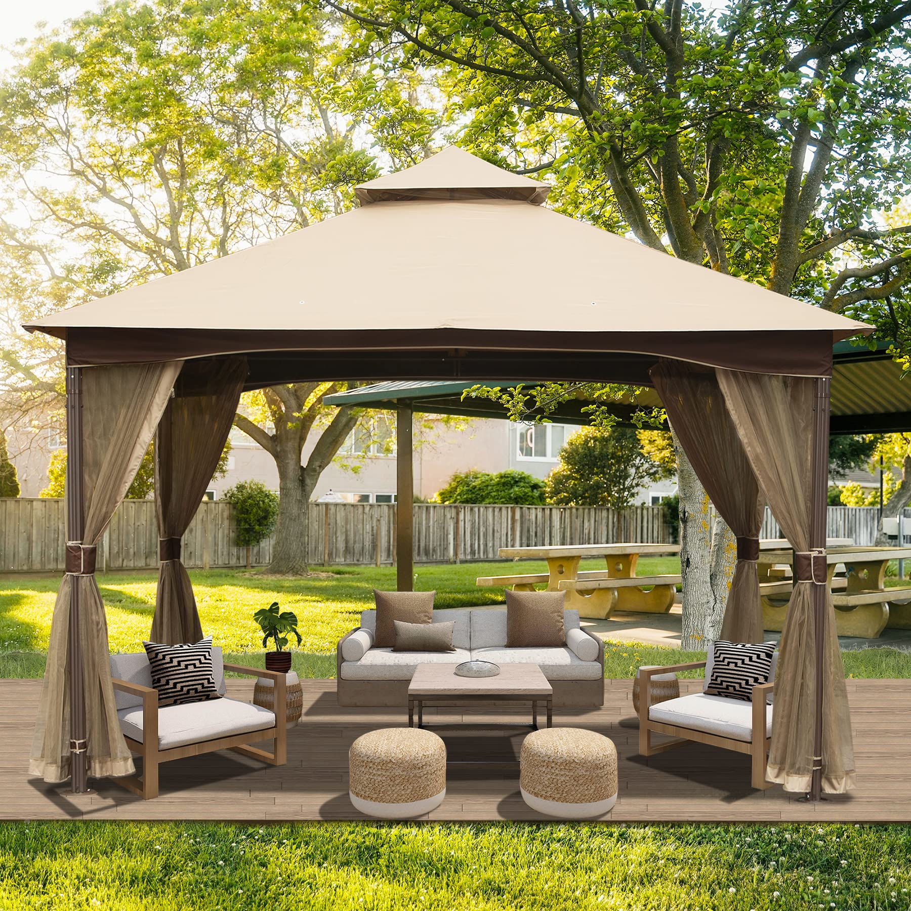 Domi 10'X13' Gazebo, Outdoor Gazebo With Mosquito Netting, Metal Frame Double Roof Soft Top Patio Gazebo Canopy Tent For Deck Ba