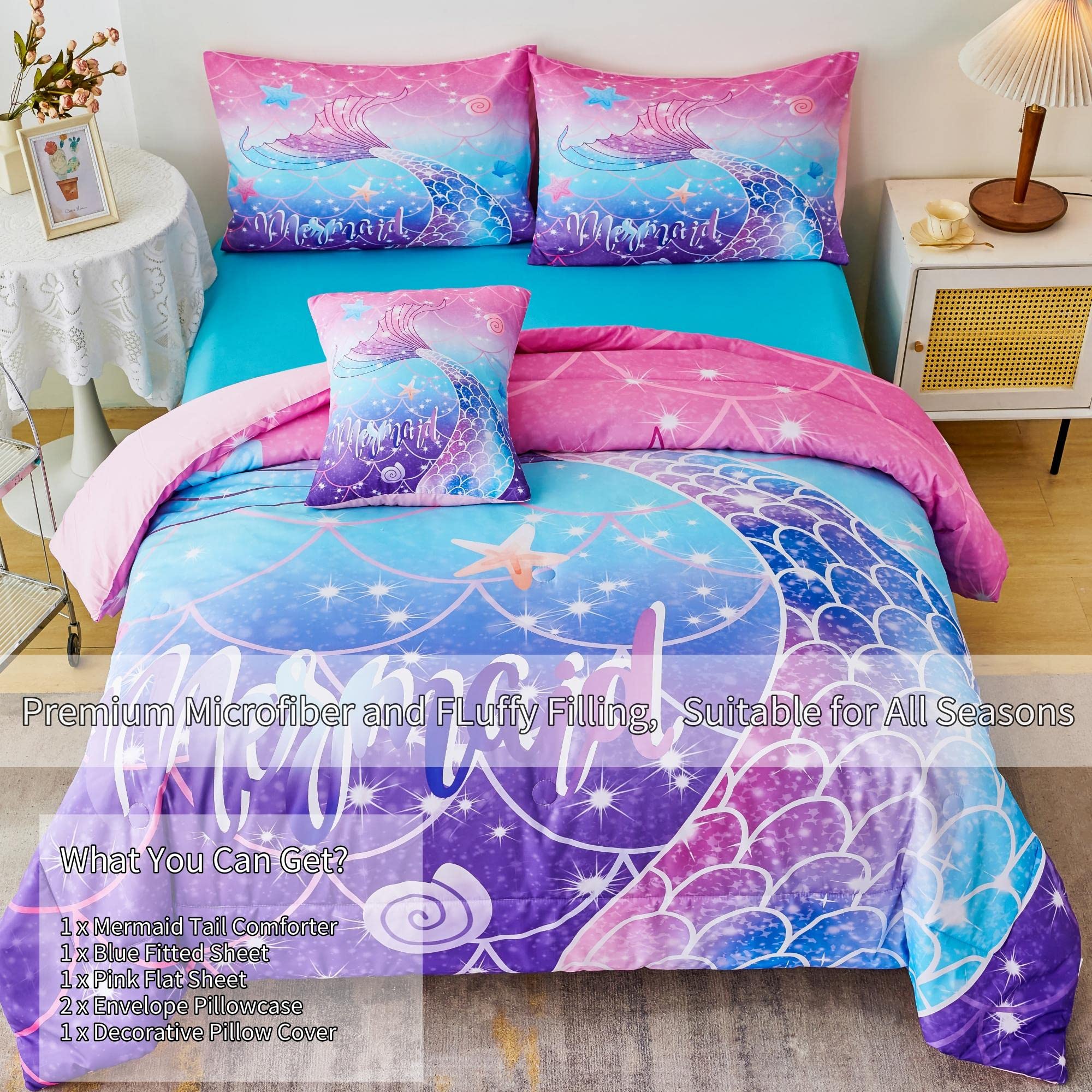 Rynghipy Mermaid Comforter Set 6Pcs, Kids Gilrs Bed In A Bag Twin Size, Mermaid Tail Print Teens Girls Bedding Set, Rainbow Bedd