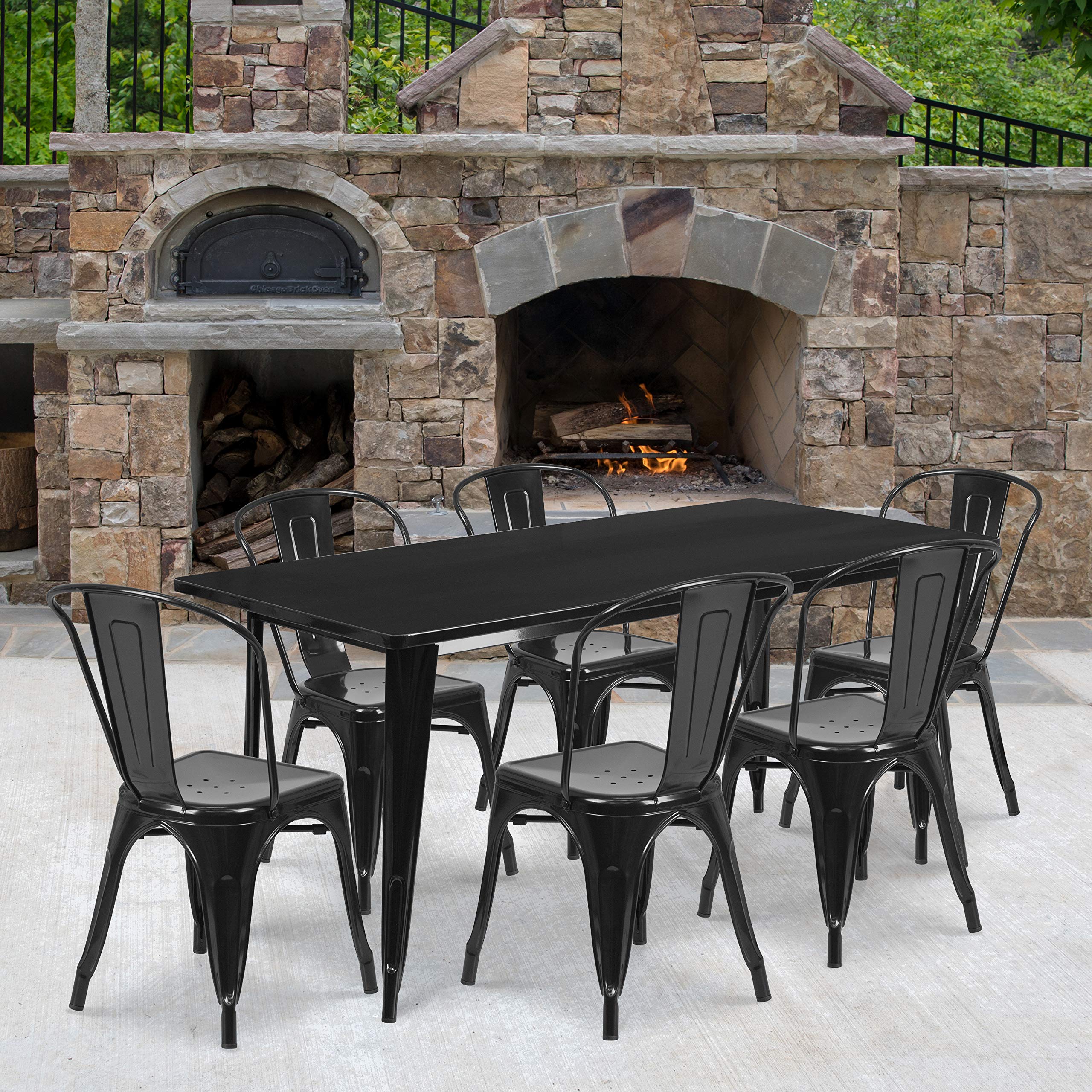 Flash Furniture Commercial Grade 31.5' X 63' Rectangular Black Metal Indoor-Outdoor Table Set With 6 Stack Chairs