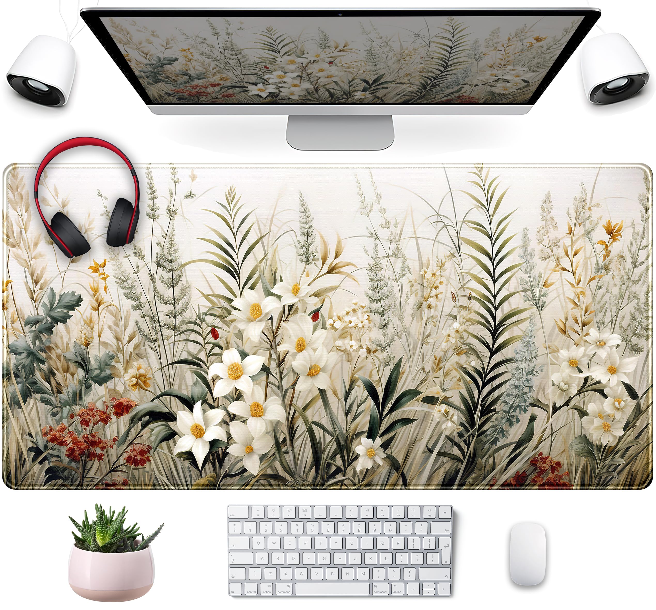 Beige Aesthetic Sage Desk Mat Cute Watercolor Flowers Mouse Pad Desk Pad, Xxl Large Extended Gaming Anime Mousepad Big Keyboard