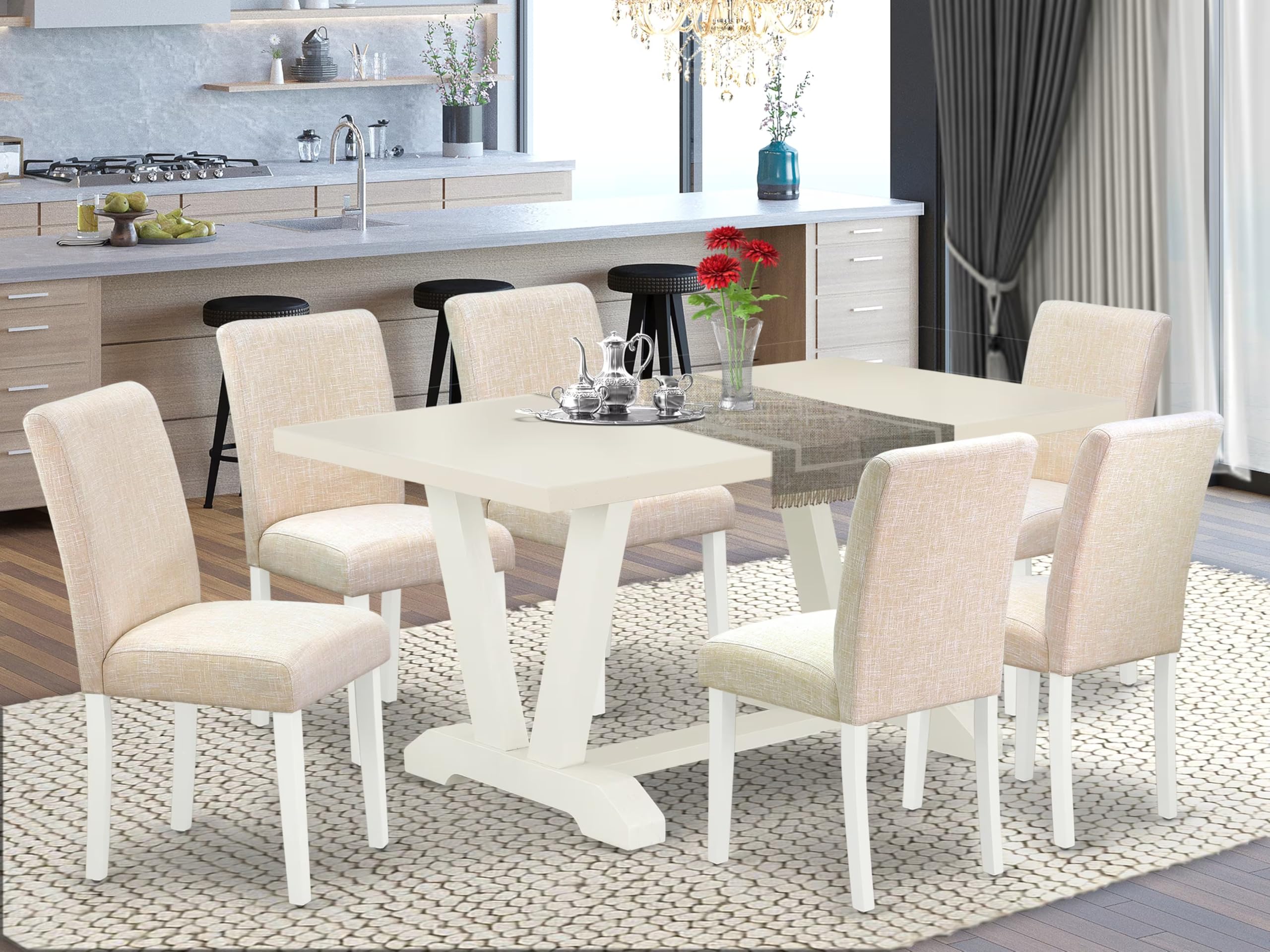 East West Furniture V026Ab202-7 7 Piece Dining Room Furniture Set Consist Of A Rectangle Dining Table With V-Legs And 6 Light Beige Linen Fabric Parson Chairs, 36X60 Inch, Multi-Color