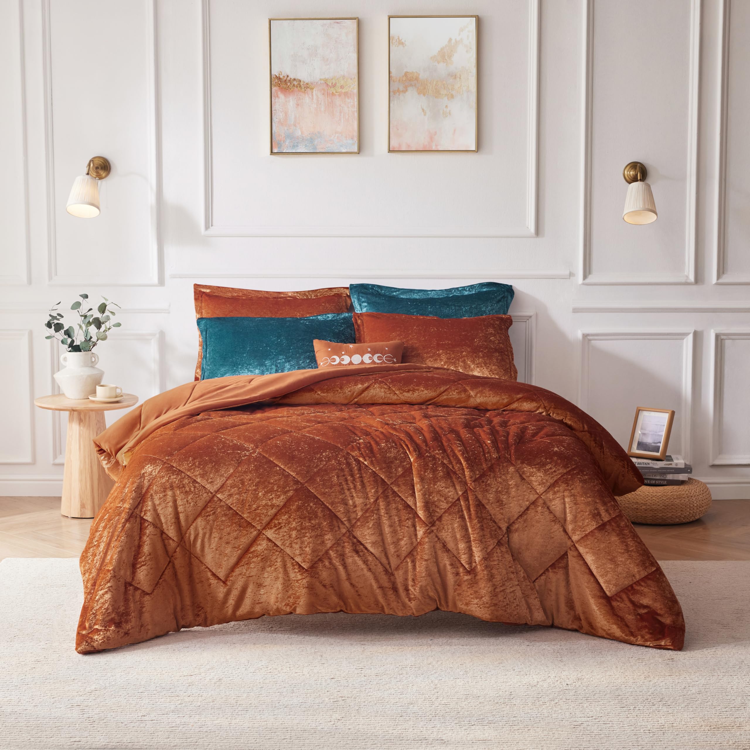 Intelligent Design King Duvet Cover Set, Velvet King Duvet Set, Luxury Diamond Quilting, Lustrous Duvet Cover, Fluffy Duvet Cover, Decor Pillow & 2 Shams, 4 Pieces, Felicia King/Cal King, Rust