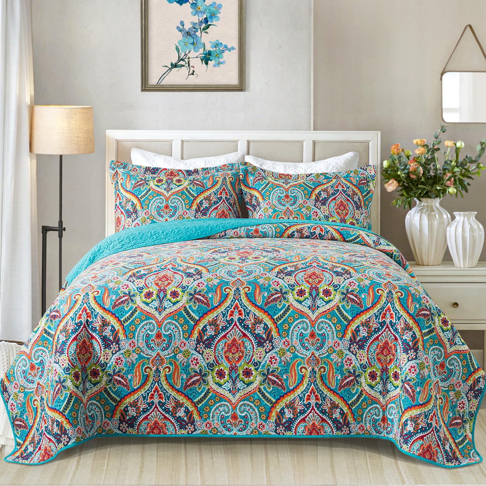 Vaputar Quilt Queen Bedding Set - Soft Cotton Quilts With Paisley Floral Pattern - Lightweight Reversible Bedspreads For Farmhou