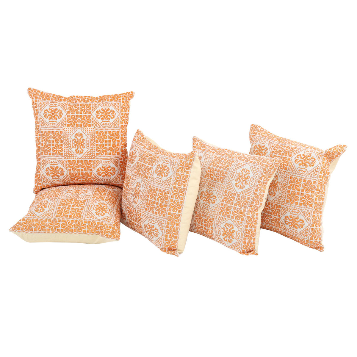 Indigenous Handicrafts Orange Linen Embroidered Cushion Cover Set Of 5 Piece (41X41 Cm)