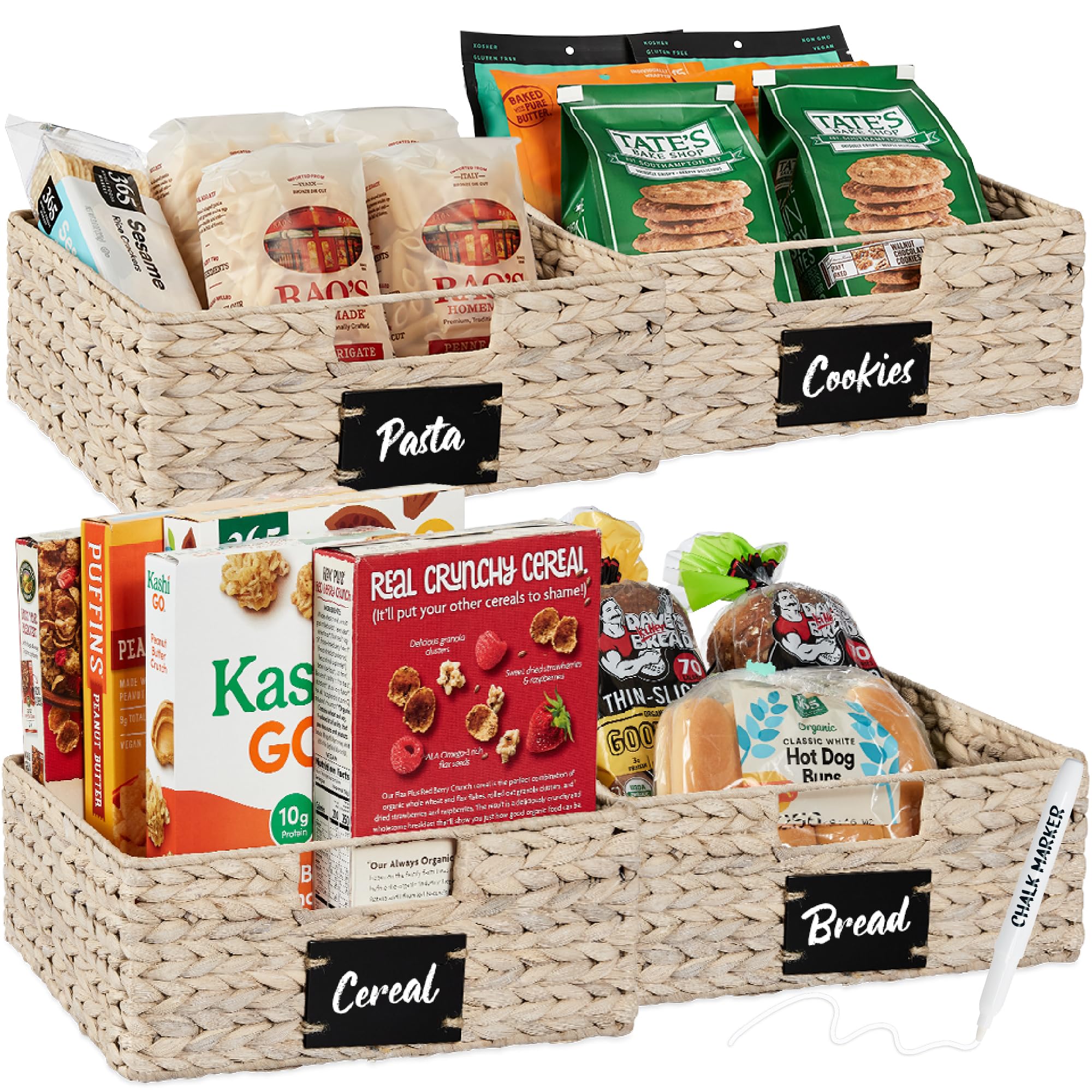Best Choice Products Set of 4 13x12in Water Hyacinth Pantry Baskets, Woven Organizers w/Chalkboard Label, Chalk Marker - White