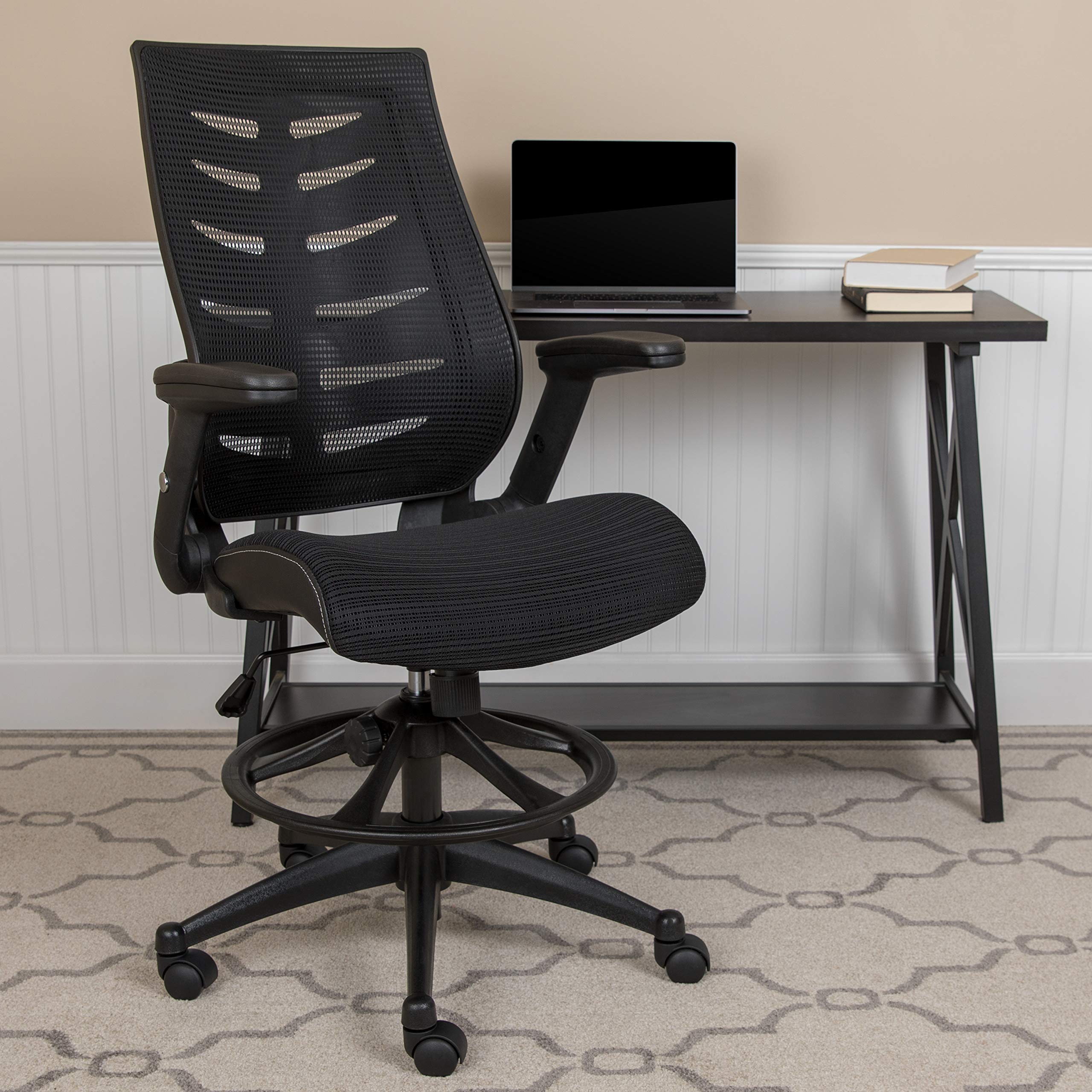 Flash Furniture Kale High-Back Ergonomic Mesh Office Chair With Flip-Up Arms And Adjustable Foot Ring, Spine-Back Tall Executive Swivel Chair, Black
