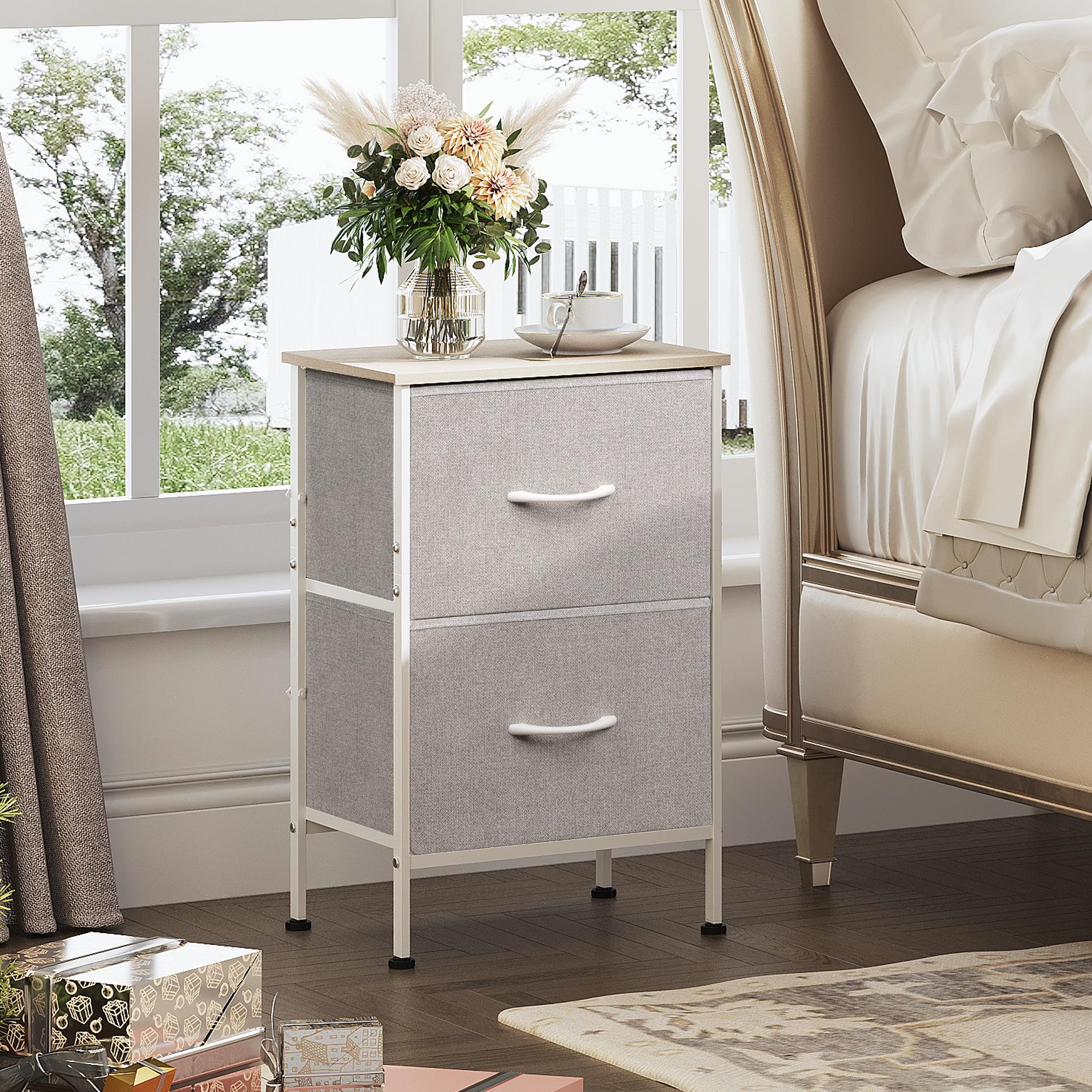 Wlive Nightstand, Nightstand With 2 Drawers, Bedside Furniture, Night Stand, Small Dresser For Bedroom, College Dorm, End Table With Fabric Bins, Dormitory, Light Grey, Size L