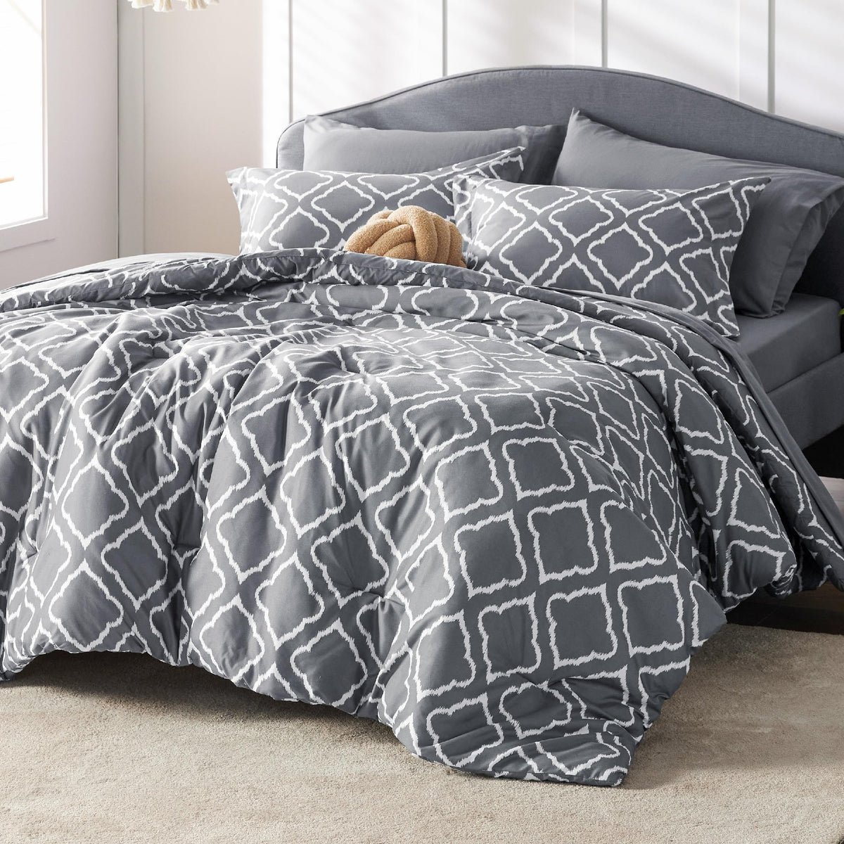 Bedsure Full Comforter Set 7 Pieces - Dark Grey Blue Quatrefoil Comforters Full Size, Lightweight Bedding Sets For All Season, B