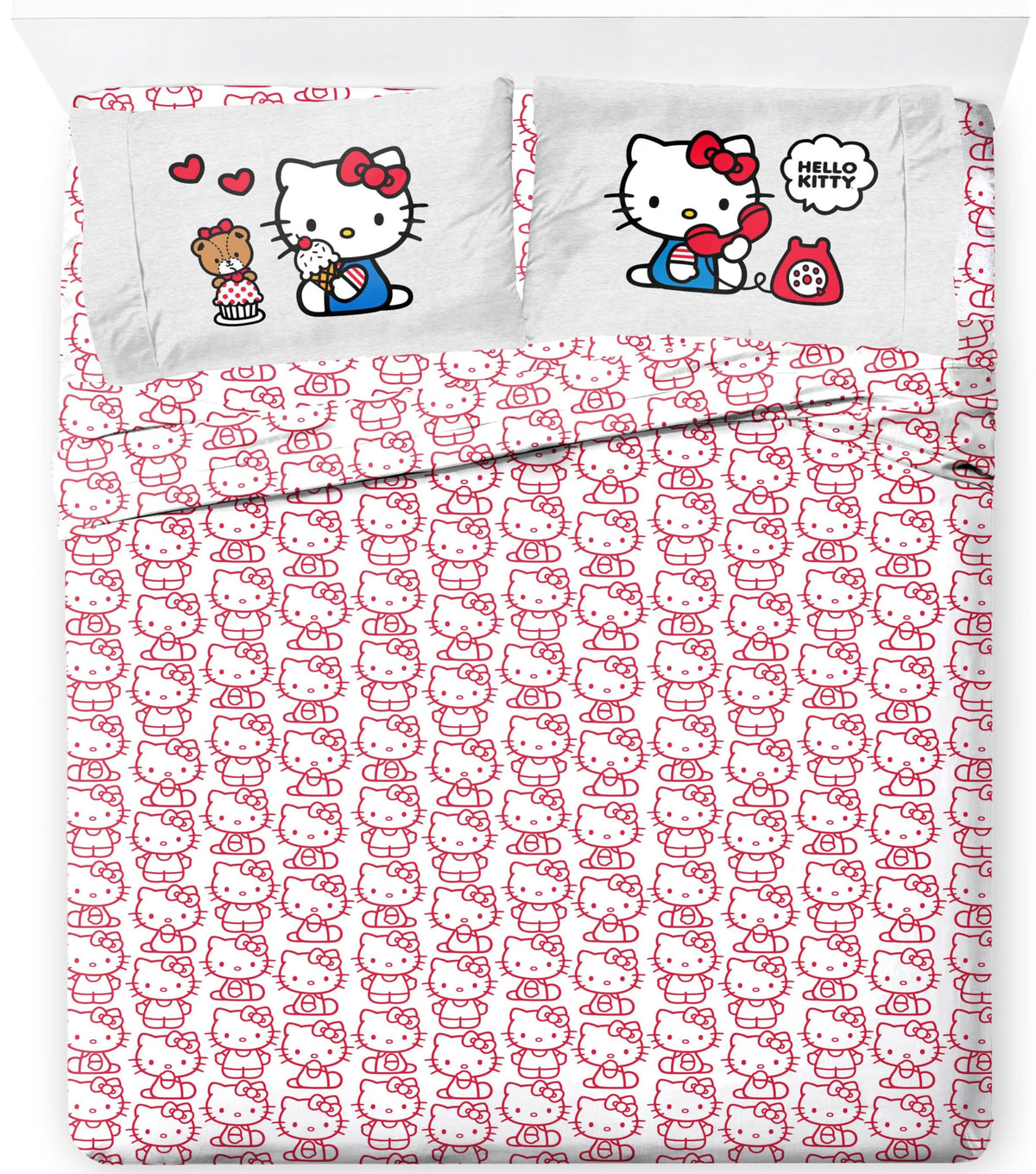 Jay Franco Hello Kitty Full Size Sheet Set - Super Soft 4 Piece Kawaii Bedding Set - Red & White Microfiber Sheets With Reversib