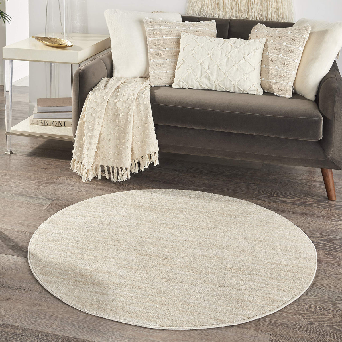 Nourison Essentials Indoor/Outdoor Ivory Beige 4' X Round Area Rug, Easy Cleaning, Non Shedding, Bed Room, Living Room, Dining R