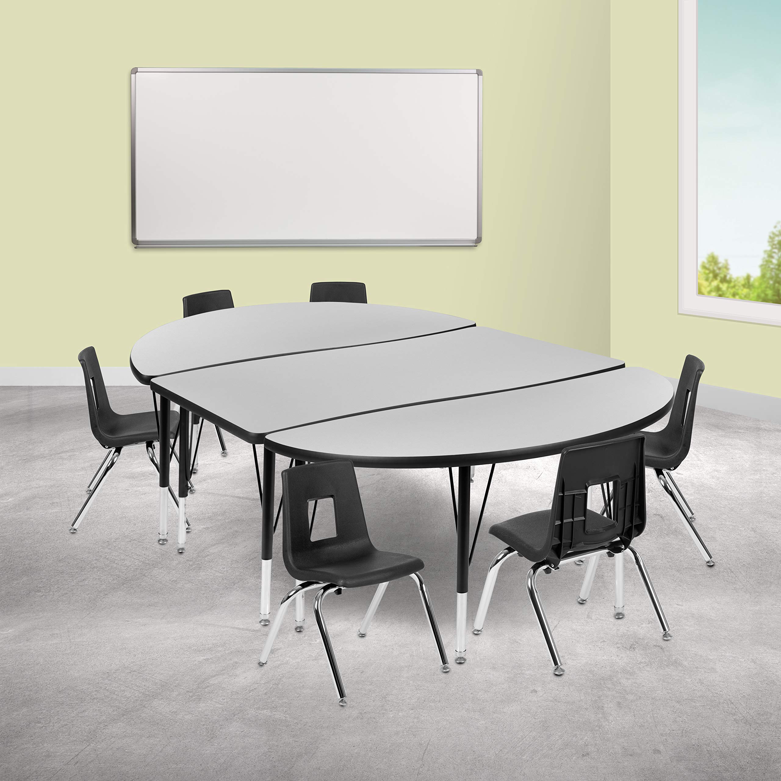 Flash Furniture 76 Oval Wave Collaborative Laminate Activity Table Set with 12 Student Stack Chairs, Grey/Black