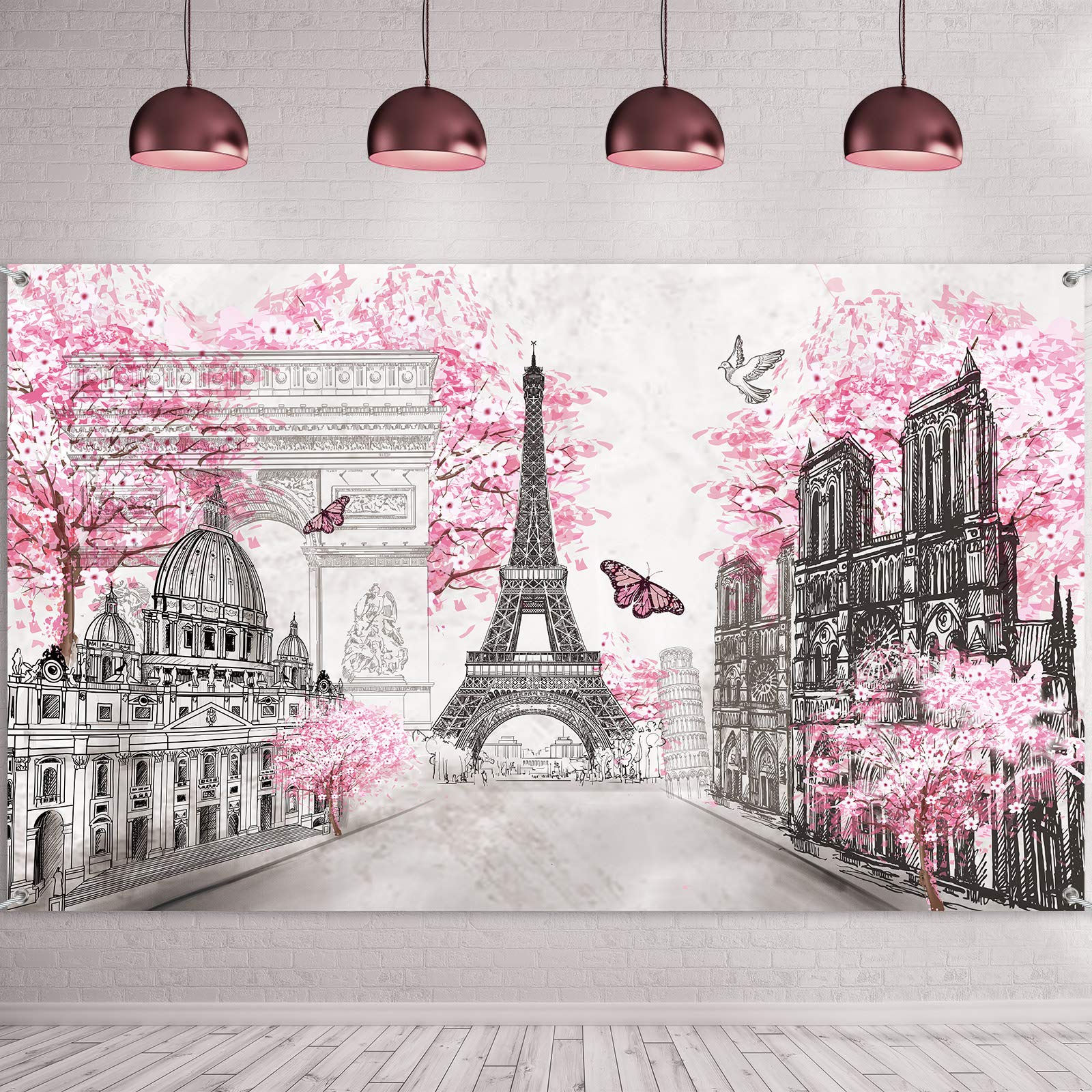 Paris Tapestry Backdrop Paris Wall Art Eiffel Tower Photo Banner Background European City Landscape Pink Wall Hanging Decor for 