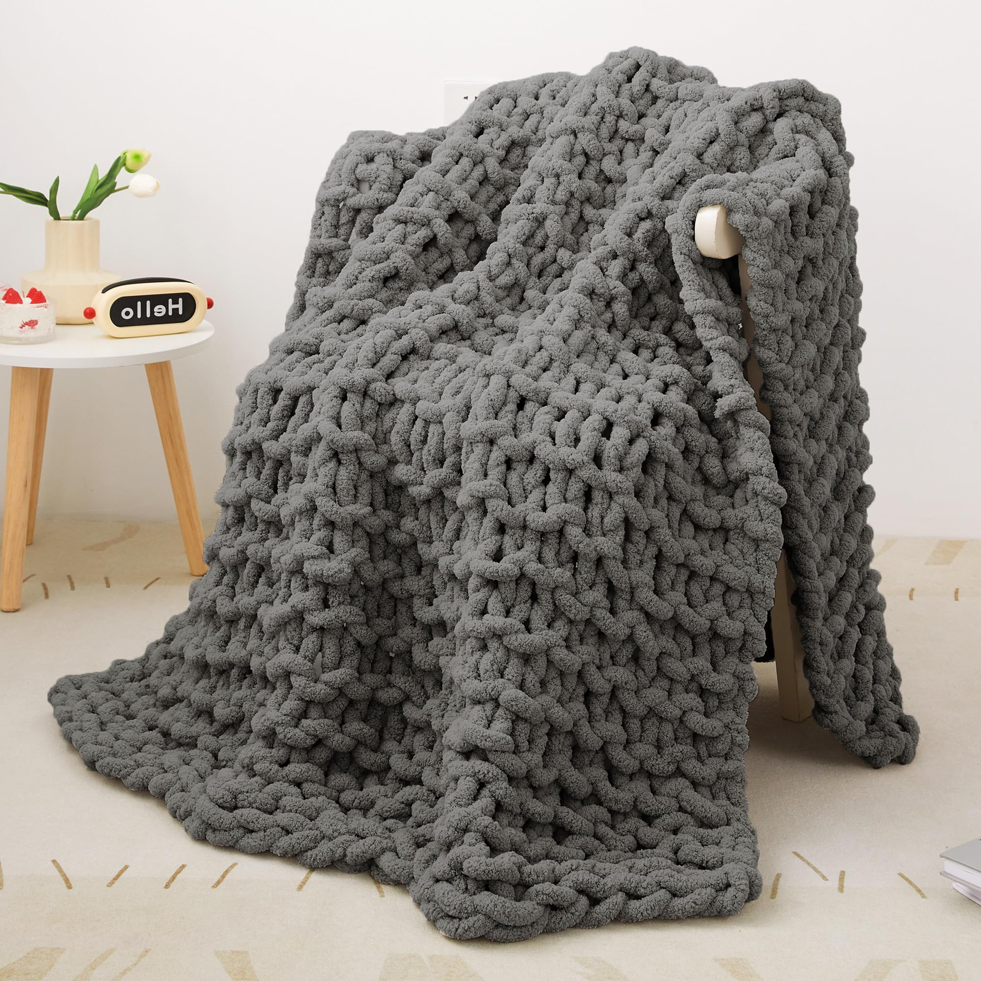 Mooreeke Chunky Knit Blanket 50'X60' Dark Grey Soft Washable Chenille Throw Blanket Cozy 100% Handmade Crochet Blankets With J