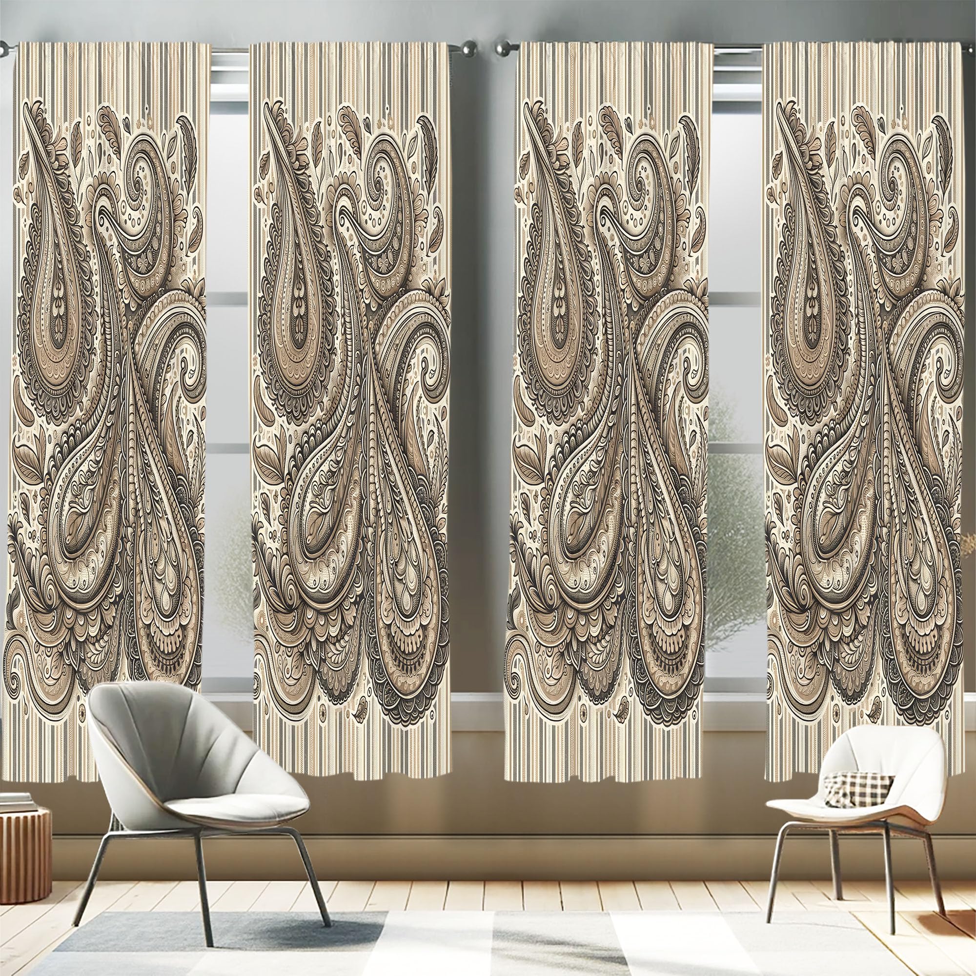 Ambesonne Paisley Window Curtains Pack of 2, Delicate Bohemian Leafy Motives on Stripes in Neutral Muted Colors, Lightweight Set