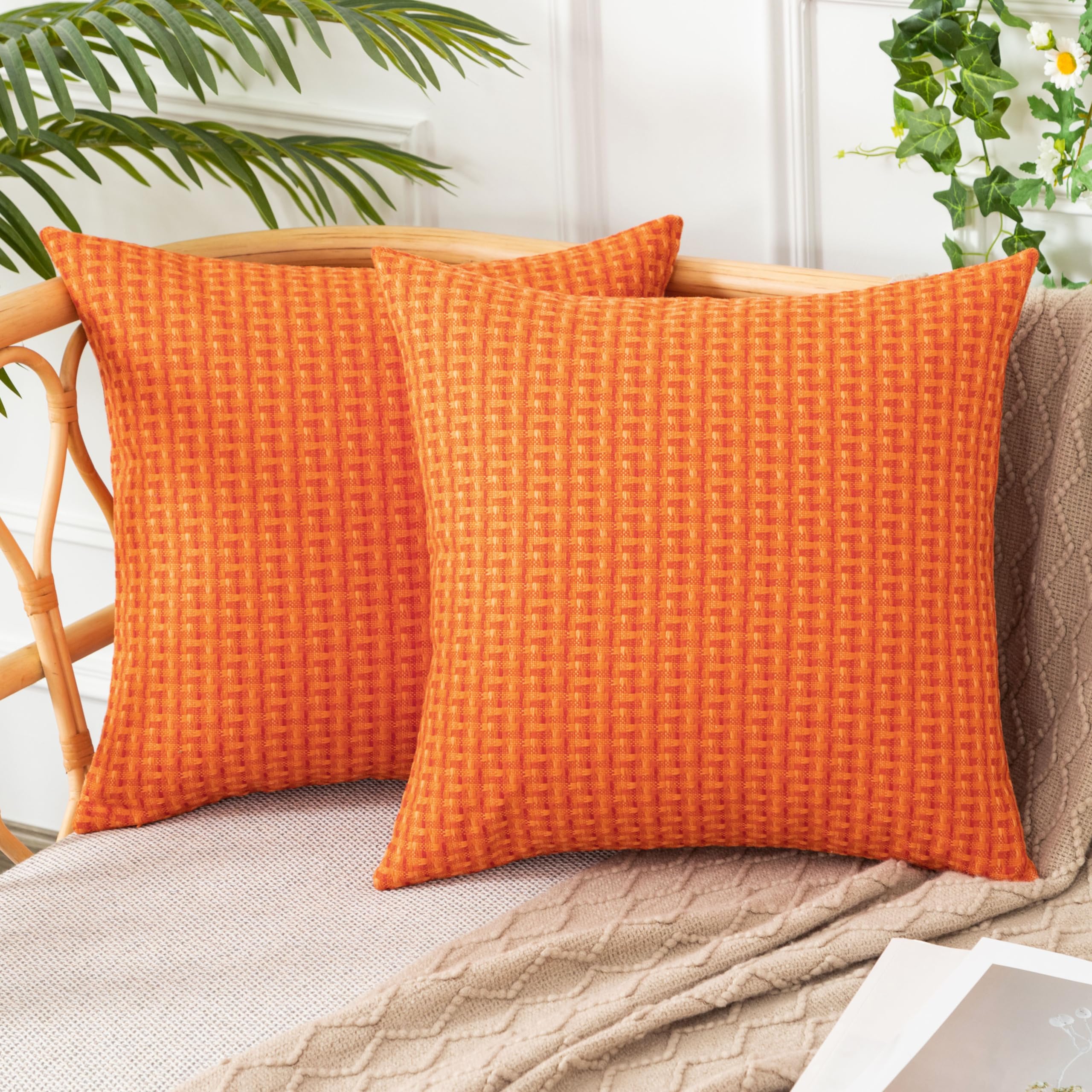 Ugasa Fall Outdoor Waterproof Pillow Covers Pack Of 2 Weaving Texture Water Resistant Outside Decorative Pillow Cases For Patio