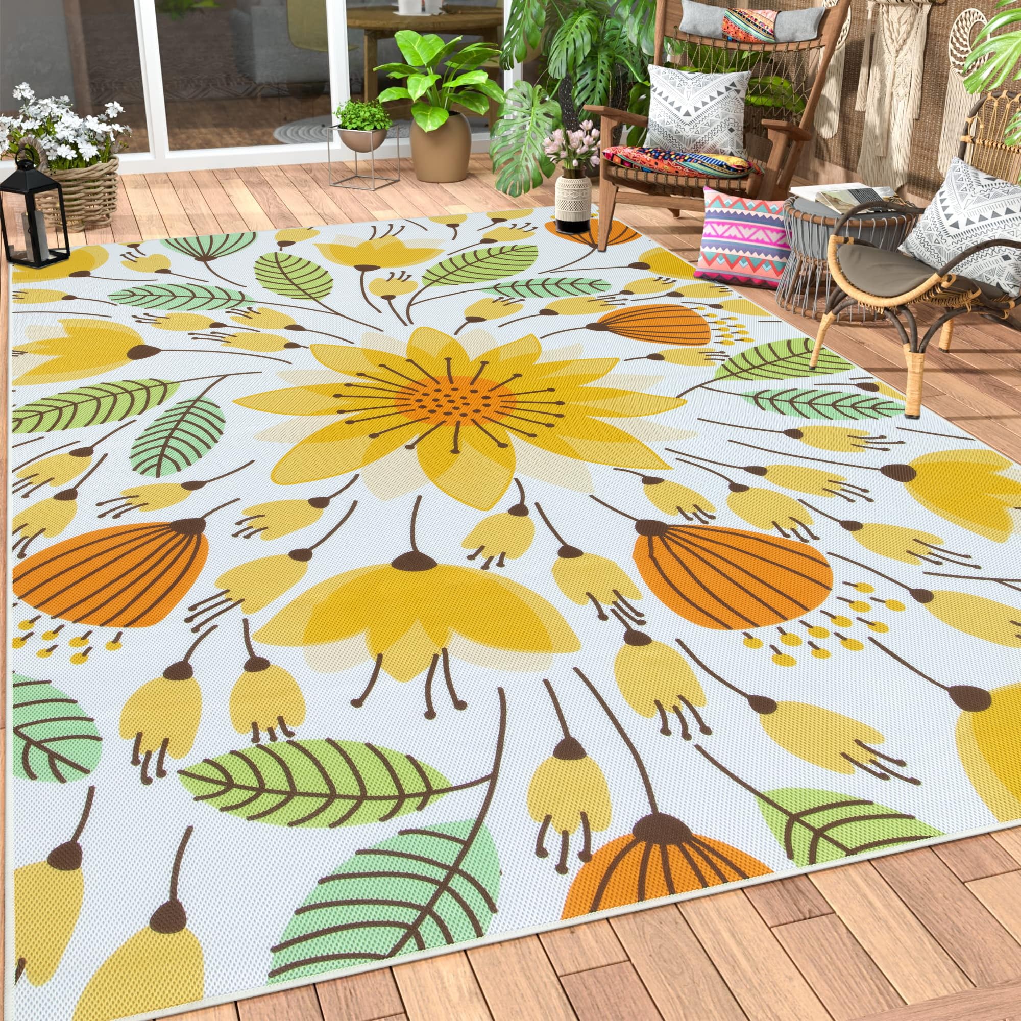 Lahome Floral Indoor Outdoor Rug 8X10, Non Slip Outdoor Patio Rug For Camping Picnic, Portable Large Outdoor Area Rug For Balcon