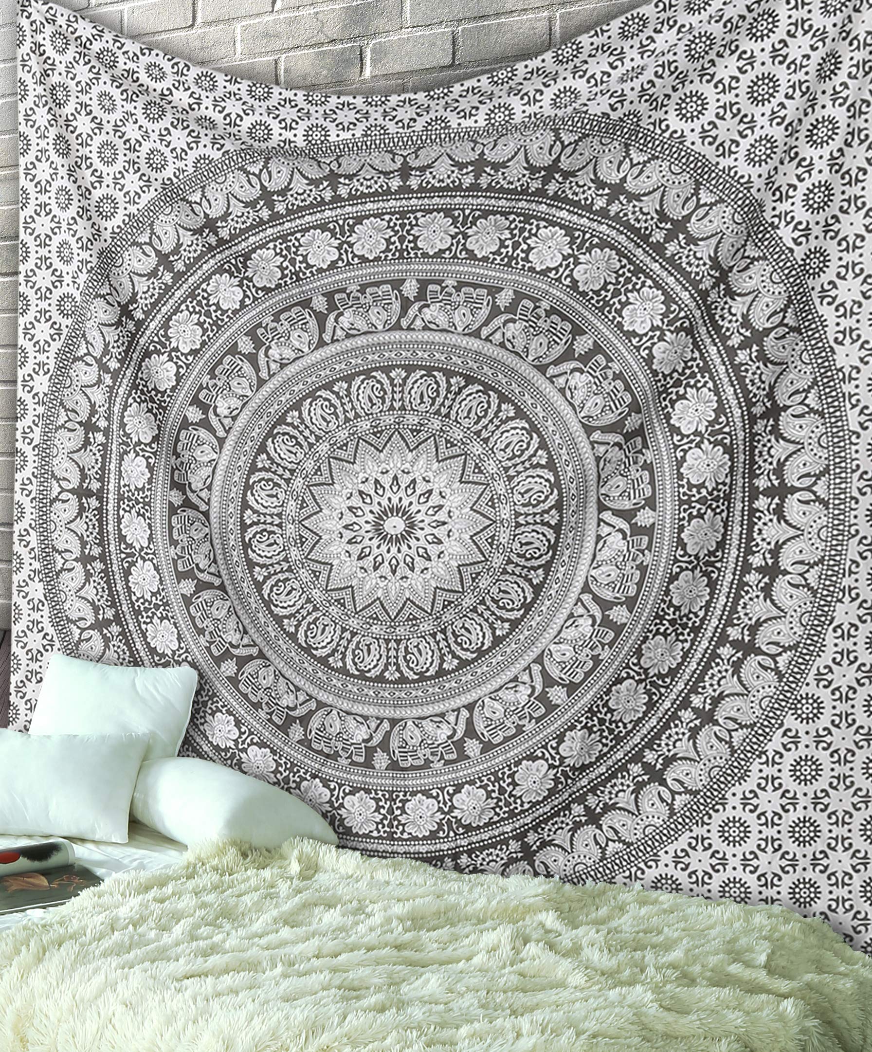 RAJRANG Hippie Grey Tapestry Mandala Bohemian Art Elephant Wall Decor Boho Trippy Small Beach Tapestries Indian Living Room Deco