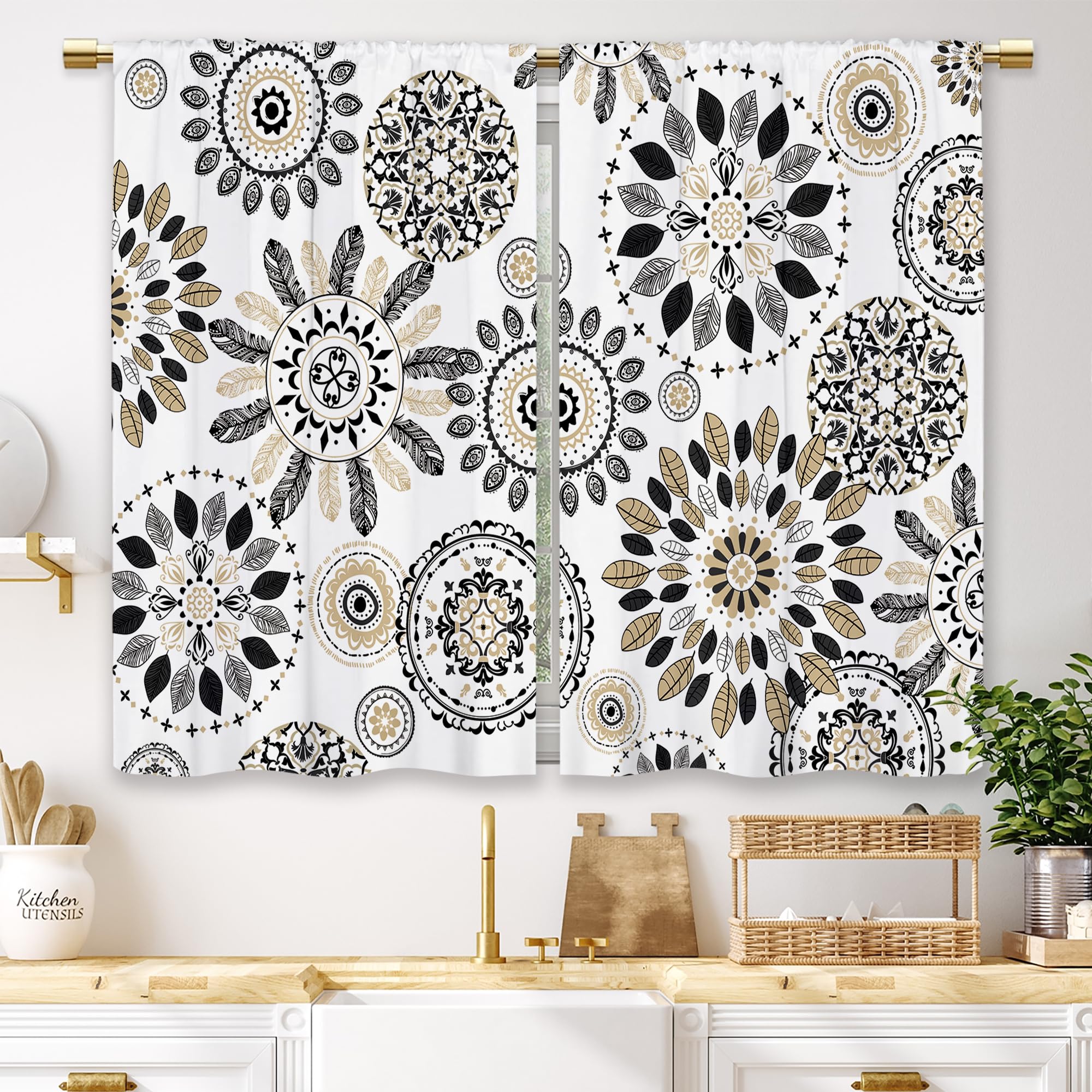 Laifzere Boho Black White Mandala Floral Kitchen Curtains Modern Flower Small Short Cafe Window Curtains Indian Bohemian Rod Poc