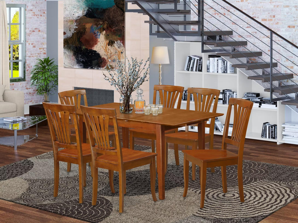 East West Furniture PSAV7-SBR-W 7 Piece Dining Table Set Consist of a Rectangle Dining Room Table with Butterfly Leaf and 6 Wood Seat Chairs, 32x60 Inch, Saddle Brown